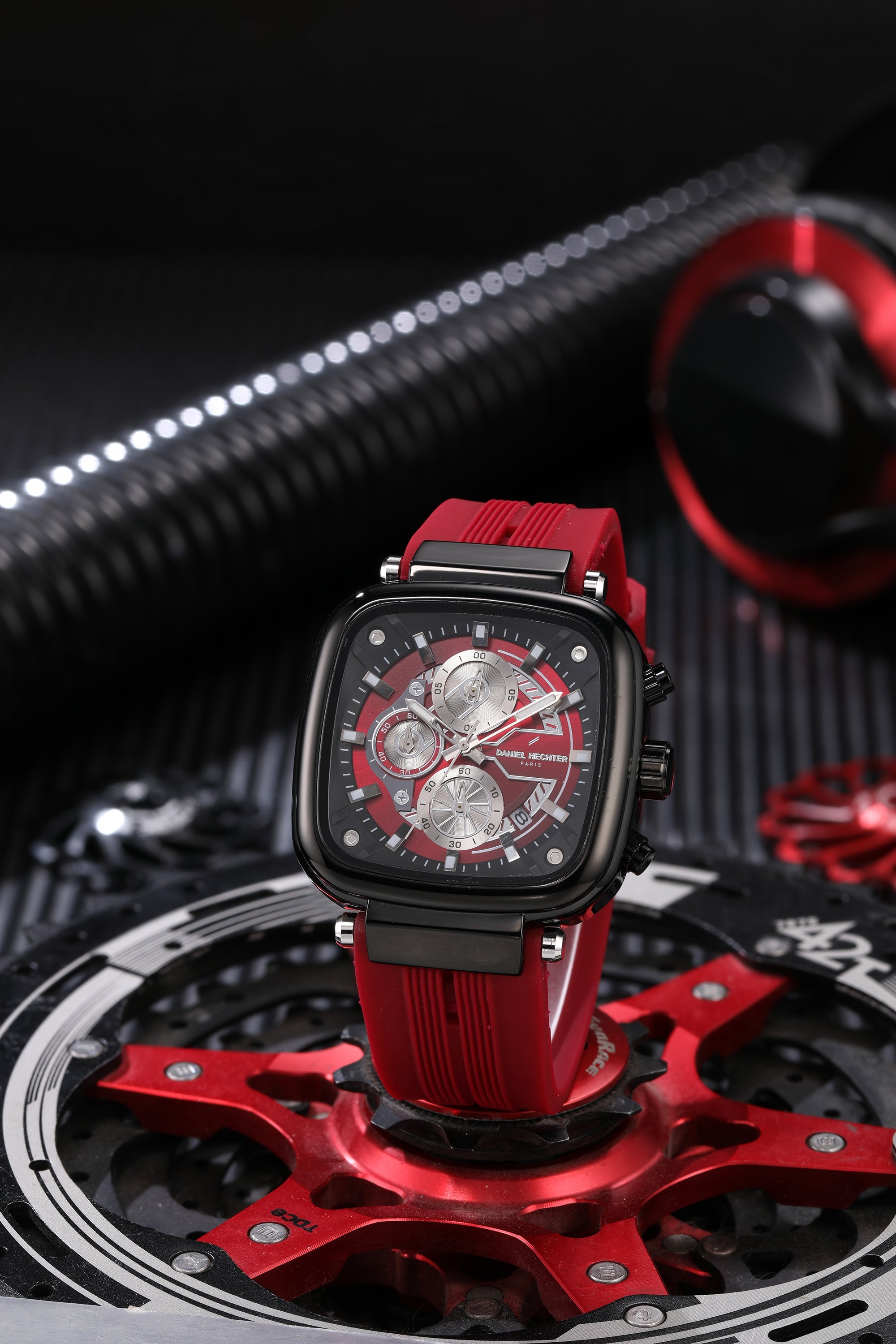 Daniel Hechter Paris Chronograph Analog Quartz Watch for Men with Black/Red Square Dial, Luminous Hands & Baton Hour Markers and Red Silicone Strap - DHM1055-04