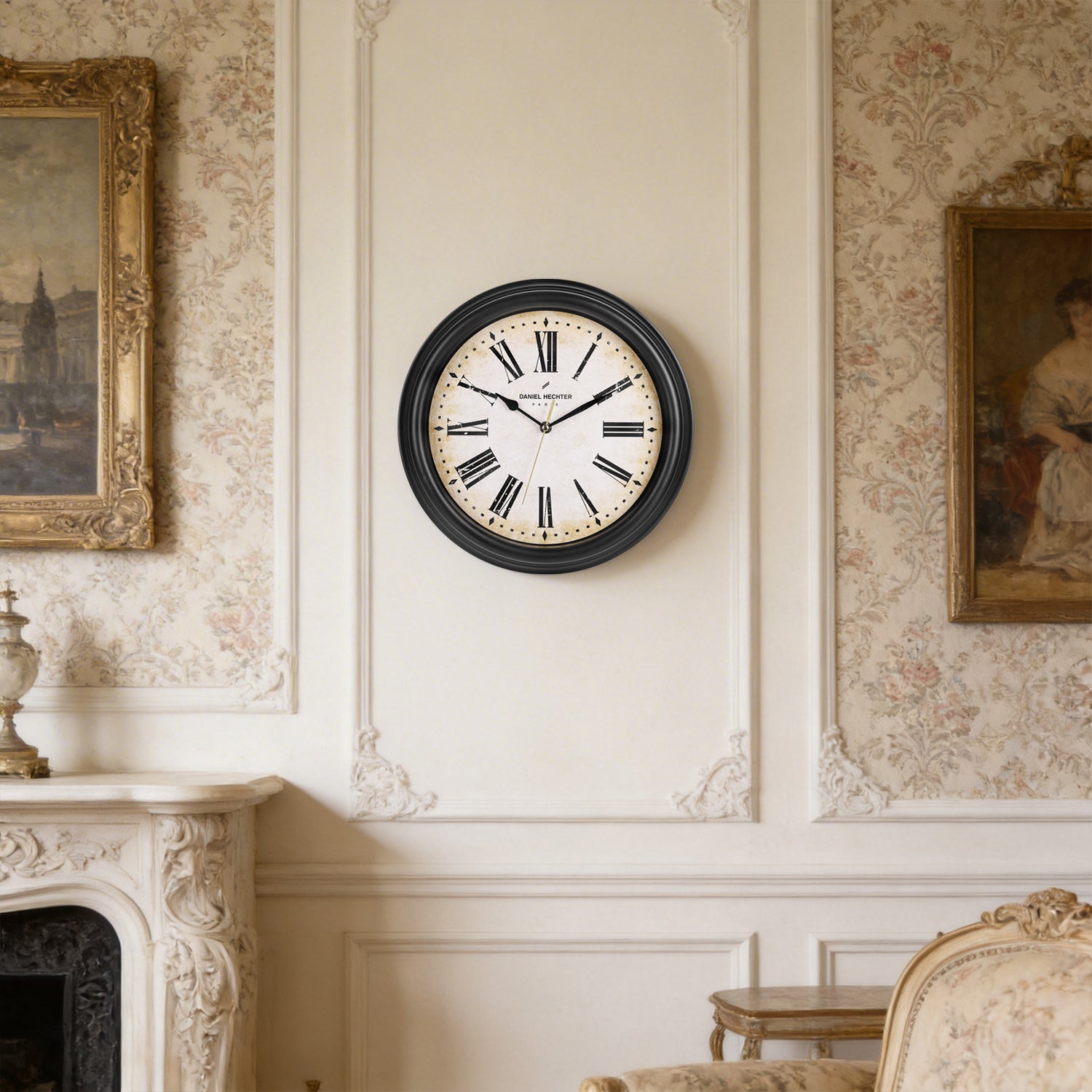Daniel Hechter Paris Wall Clock, Silent Sweep Non-Ticking Quartz Movement, Vintage Dial, Black Retro Plastic Frame - DHCL1005-01