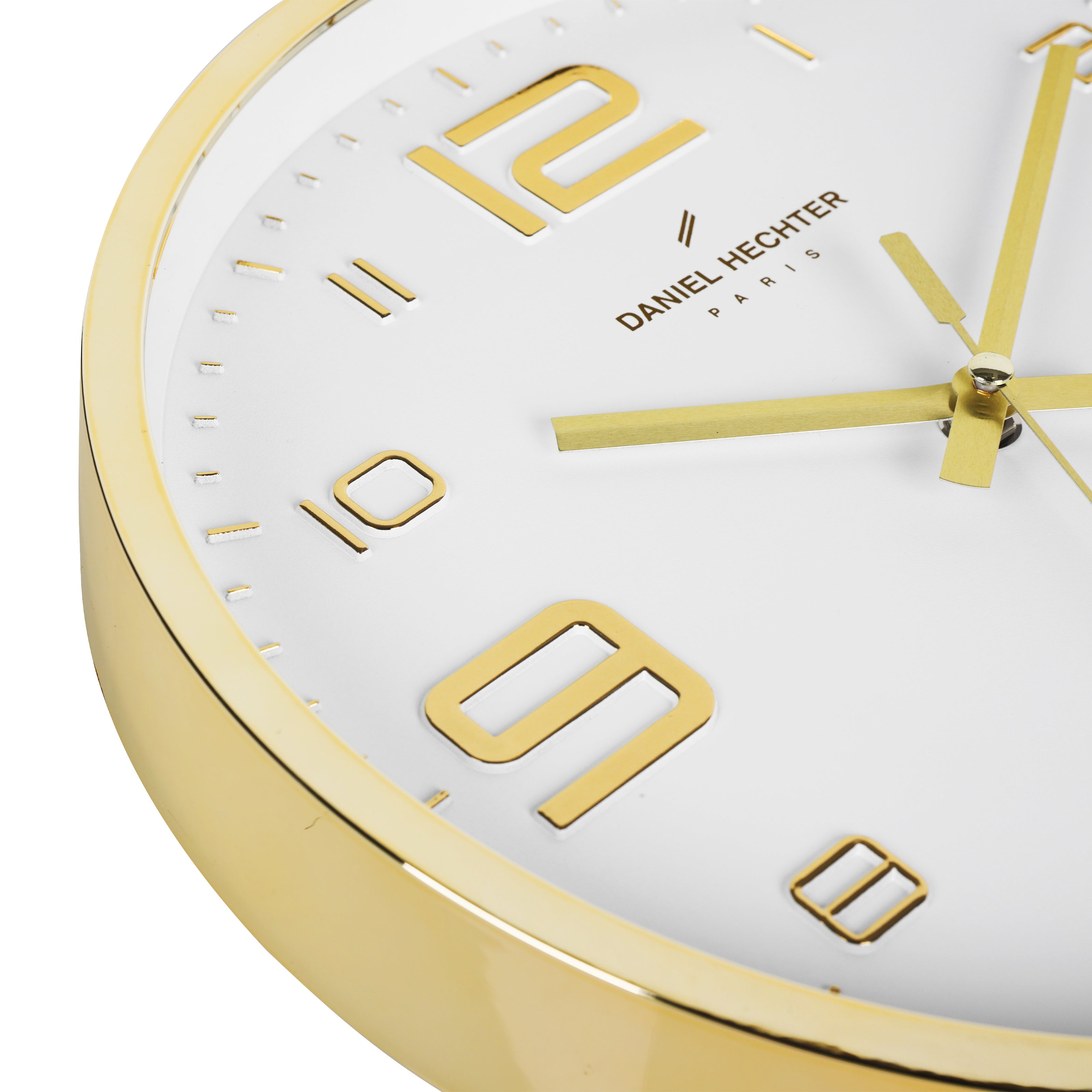 Daniel Hechter Paris Wall Clock, Silent Sweep Non-Ticking Quartz Movement, White Dial, Gold Plastic Frame, 3D Numerals - DHCL1002-02
