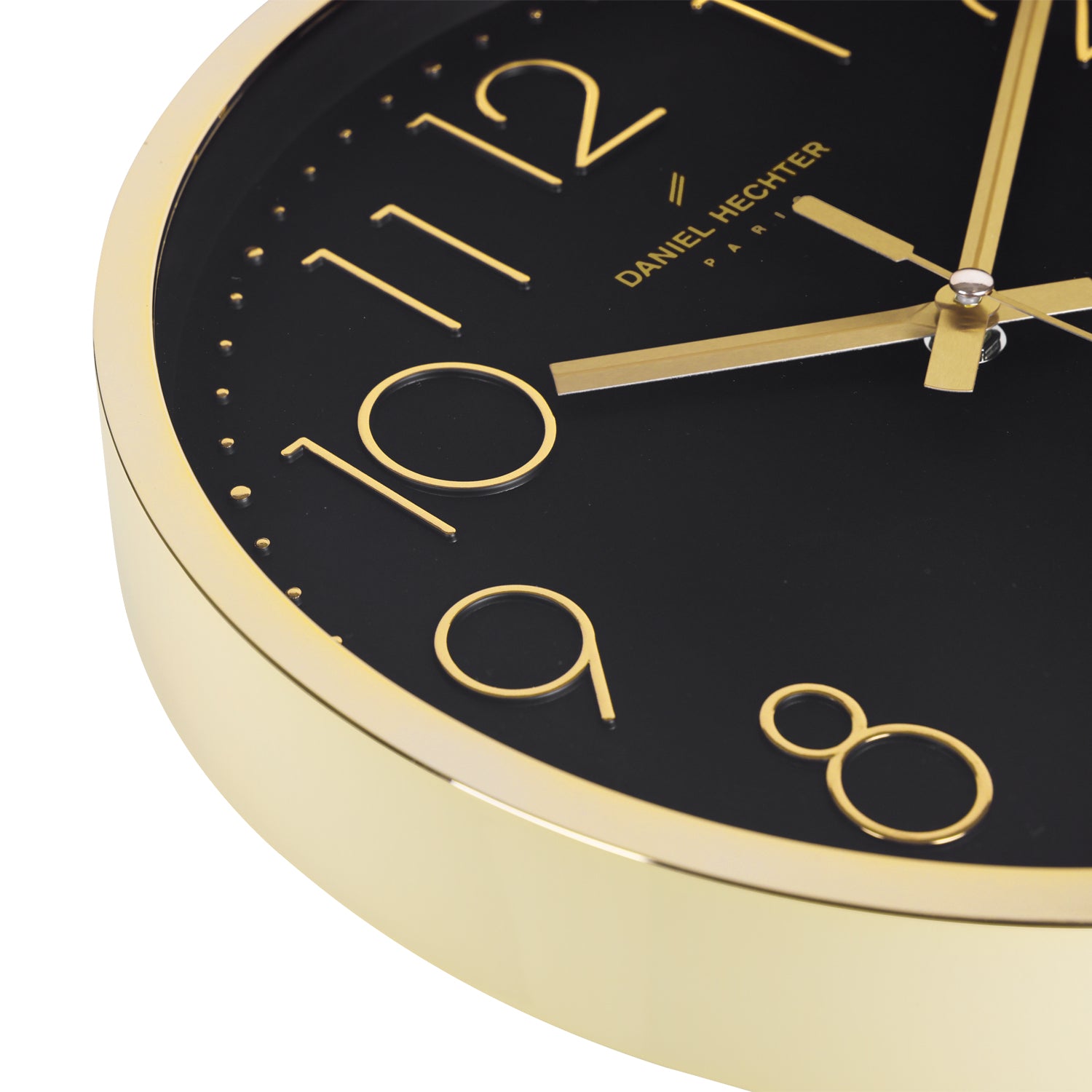 Daniel Hechter Paris Wall Clock, Silent Sweep Non-Ticking Quartz Movement, Black Dial, Gold Plastic Frame, 3D Numerals - DHCL1001-02
