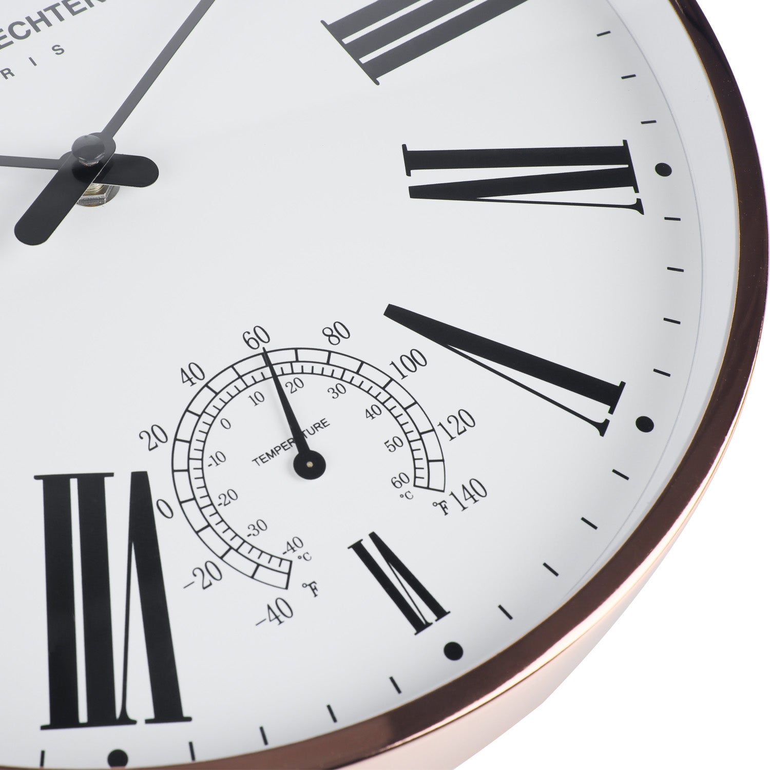 Daniel Hechter Paris Wall Clock, Silent Sweep Non-Ticking Quartz Movement, Temperature Display, White Dial, Rose Gold Metal Frame - DHCL1003-11