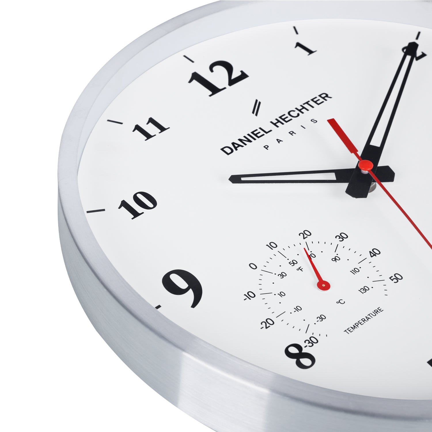 Daniel Hechter Paris Wall Clock, Silent Sweep Non-Ticking Quartz Movement, Temperature & Humidity Display, White Dial, Metal Frame - DHCL1002-33