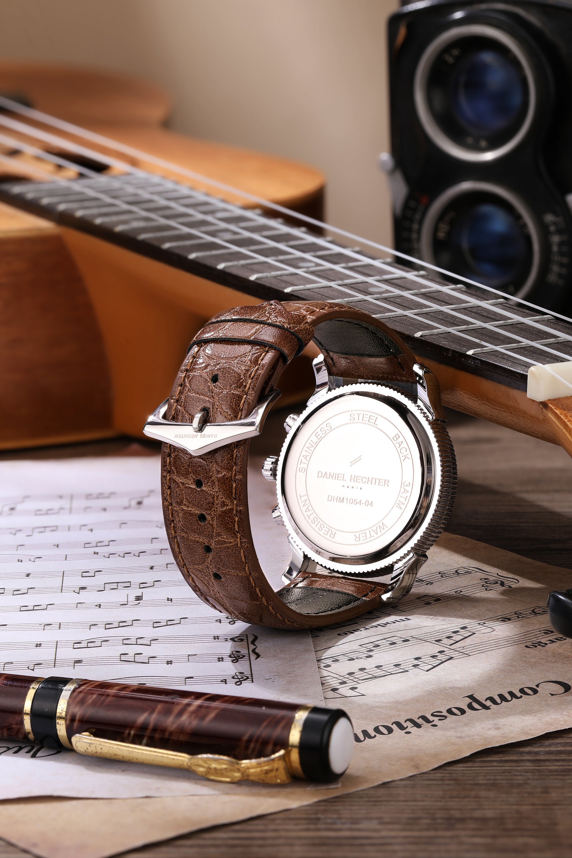 Daniel Hechter Paris Analog Quartz Watch for Men with Silver Round Dial, Day/Night Indicator, Small Seconds Sub-Dials and Brown Leather Strap - DHM1054-04