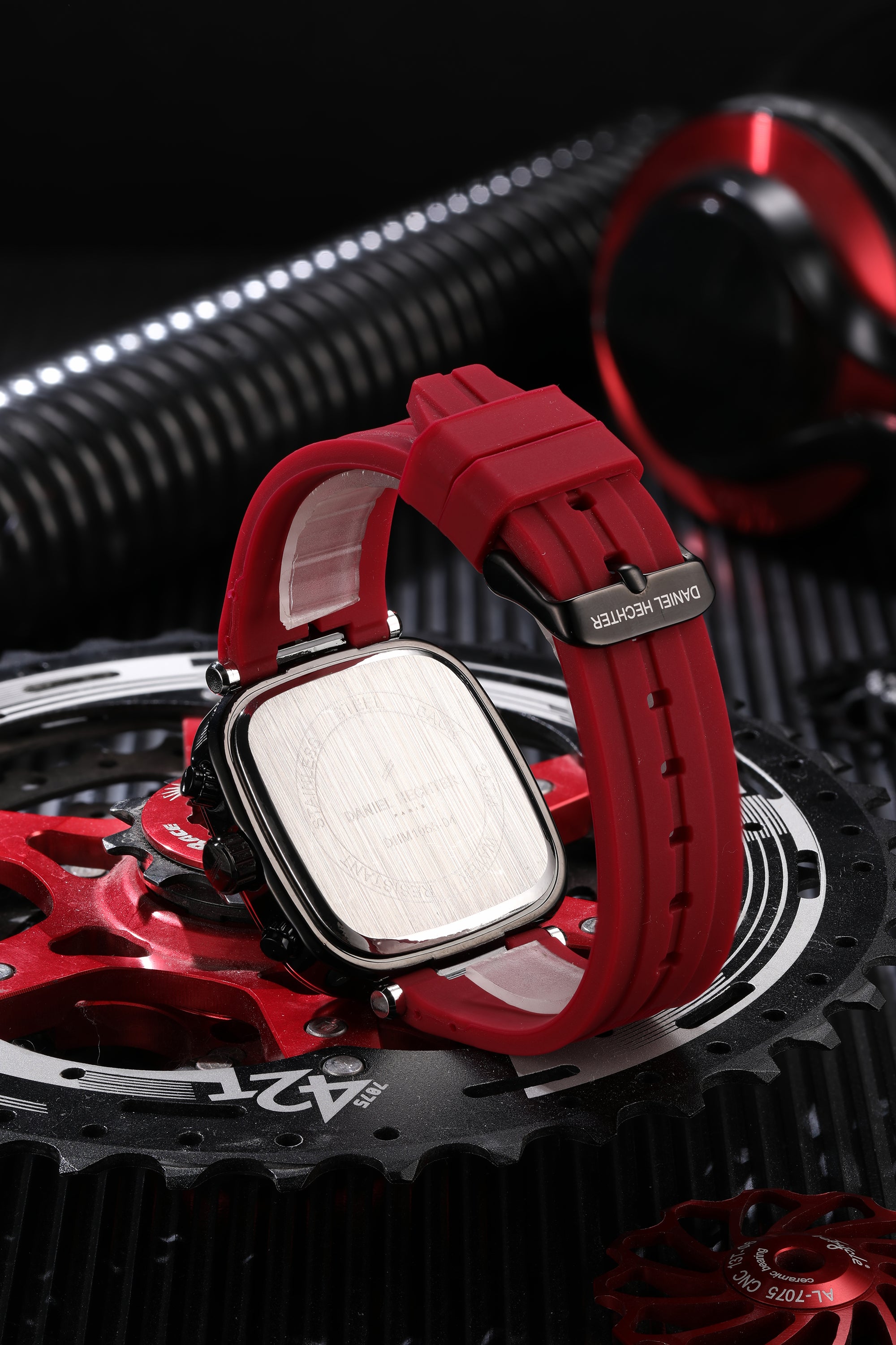 Daniel Hechter Paris Chronograph Analog Quartz Watch for Men with Black/Red Square Dial, Luminous Hands & Baton Hour Markers and Red Silicone Strap - DHM1055-04