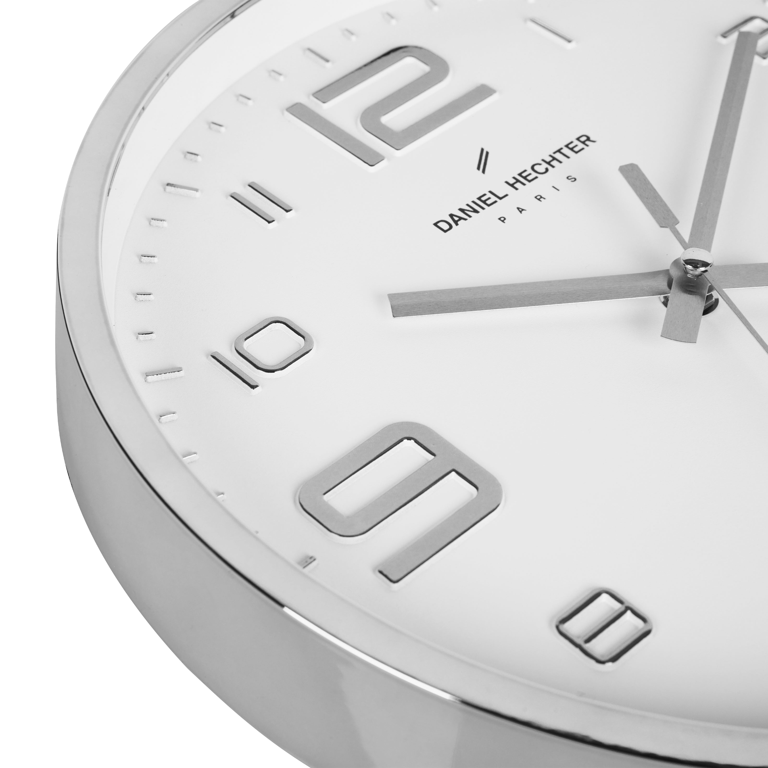 Daniel Hechter Paris Wall Clock, Silent Sweep Non-Ticking Quartz Movement, White Dial, Silver Plastic Frame, 3D Numerals - DHCL1002-03