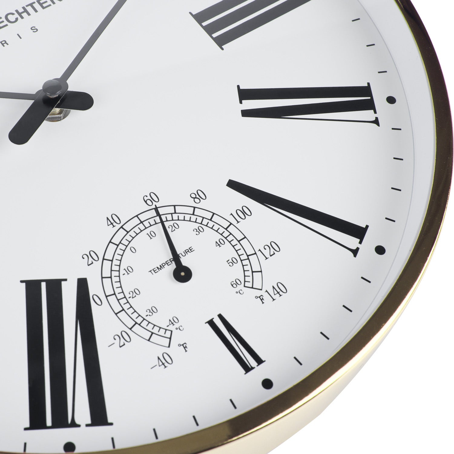 Daniel Hechter Paris Wall Clock, Silent Sweep Non-Ticking Quartz Movement, Temperature Display, White Dial, Gold Metal Frame - DHCL1003-22