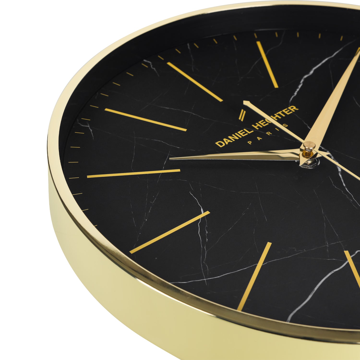 Daniel Hechter Paris Wall Clock, Silent Sweep Non-Ticking Quartz Movement, Black Marble Dial, Gold Metal Frame, Metal Hands - DHCL1001-11