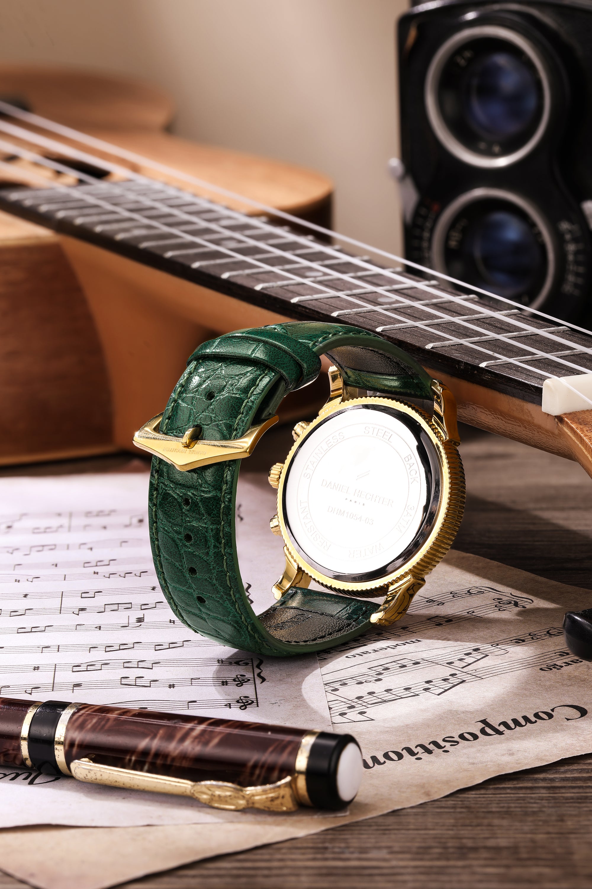 Daniel Hechter Paris Analog Quartz Watch for Men with Green Round Dial, Day/Night Indicator, Small Seconds Sub-Dials and Green Leather Strap - DHM1054-03