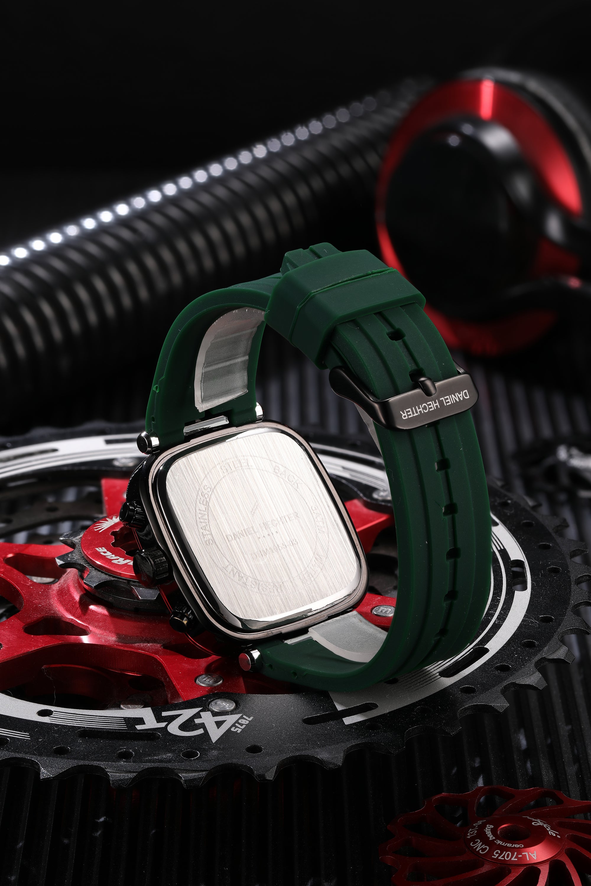 Daniel Hechter Paris Chronograph Analog Quartz Watch for Men with Black/Green Square Dial, Luminous Hands & Baton Hour Markers and Green Silicone Strap - DHM1055-03