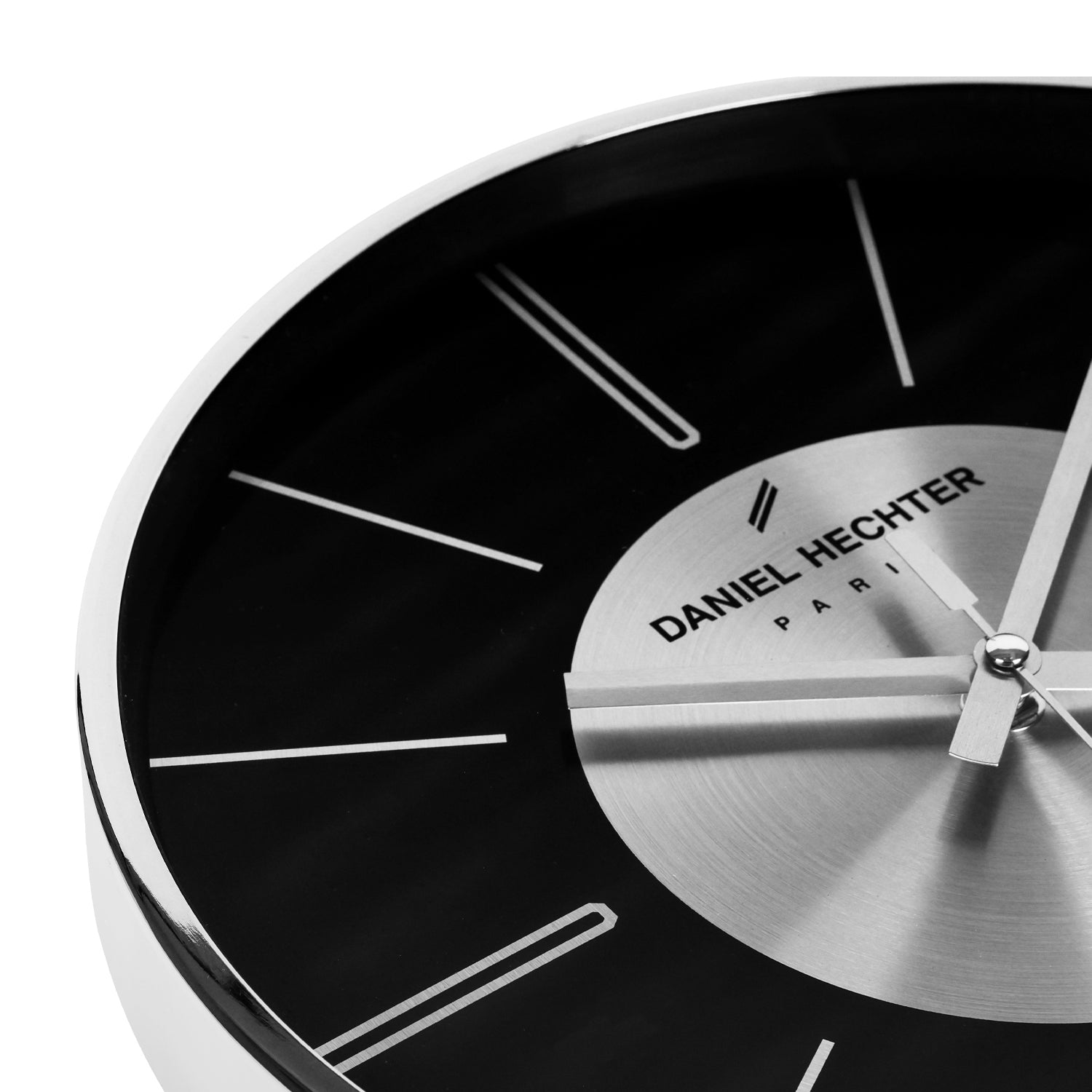 Daniel Hechter Paris Wall Clock, Silent Sweep Non-Ticking Quartz Movement, Black Dial, Silver Aluminum Face & Metal Frame - DHCL1004-33