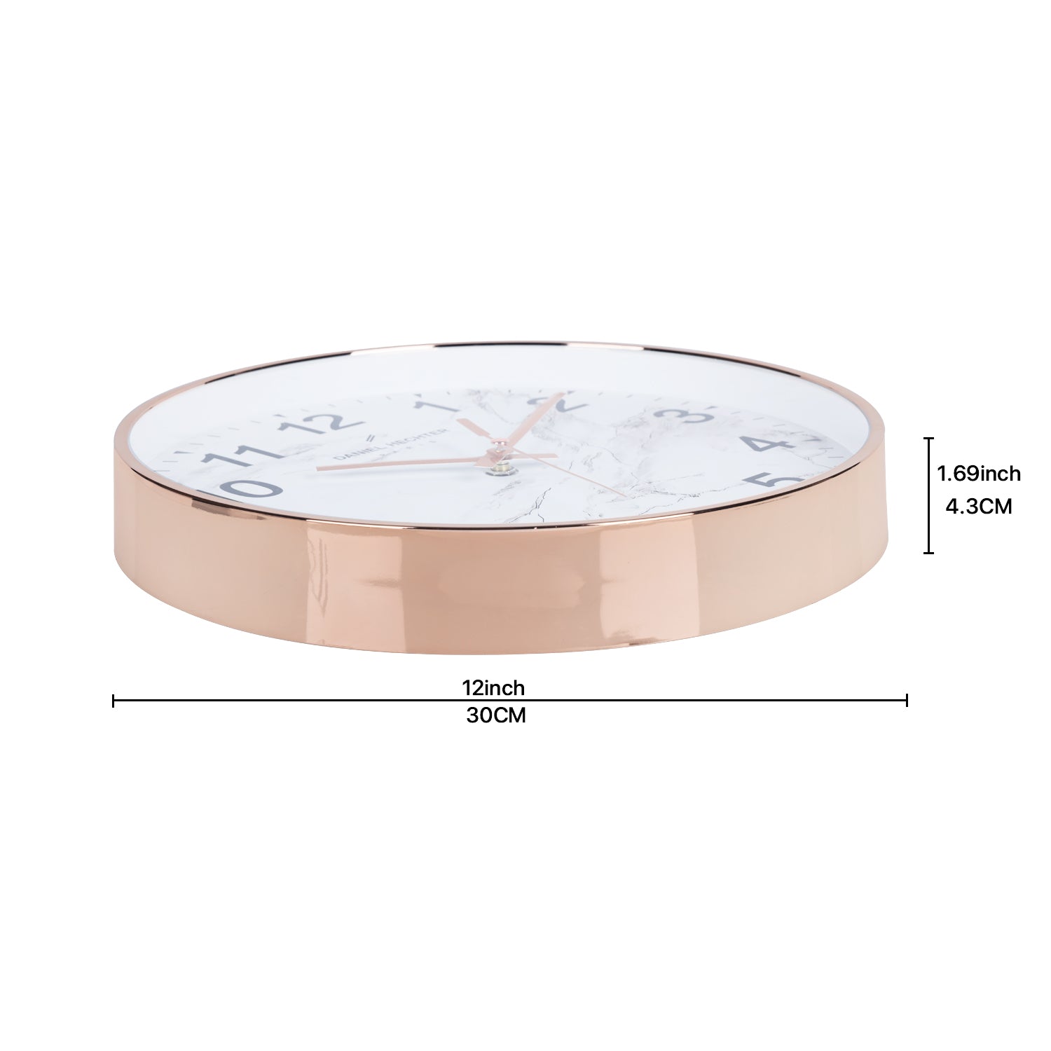 Daniel Hechter Paris Wall Clock, Silent Sweep Non-Ticking Quartz Movement,  Brown Marble Dial, Rose Gold Plastic Frame - DHCL1003-02