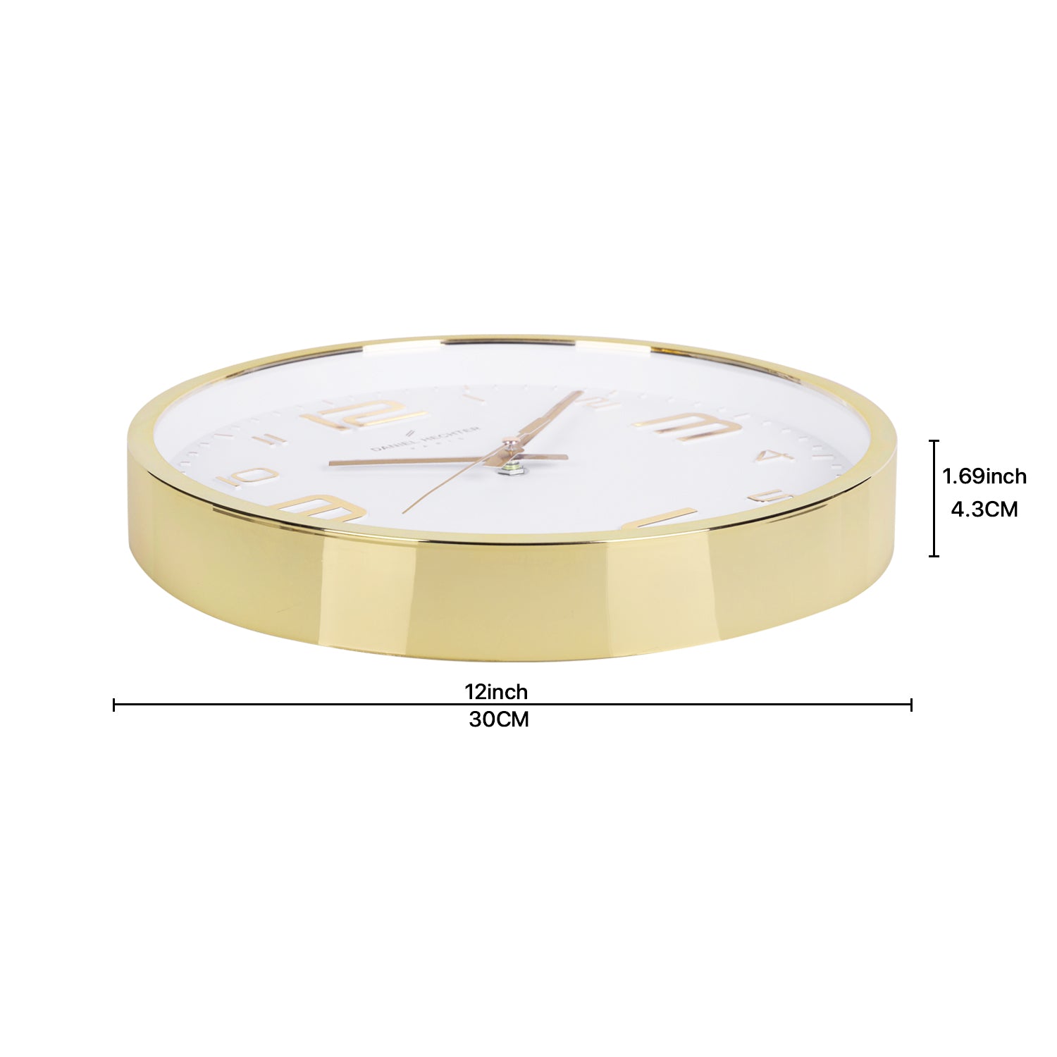 Daniel Hechter Paris Wall Clock, Silent Sweep Non-Ticking Quartz Movement, White Dial, Gold Plastic Frame, 3D Numerals - DHCL1002-02