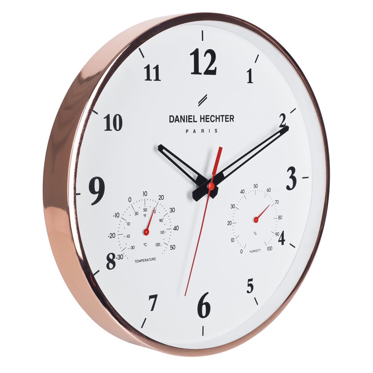 Daniel Hechter Paris Wall Clock, Silent Sweep Non-Ticking Quartz Movement, Temperature & Humidity Display, White Dial, Metal Frame - DHCL1002-22