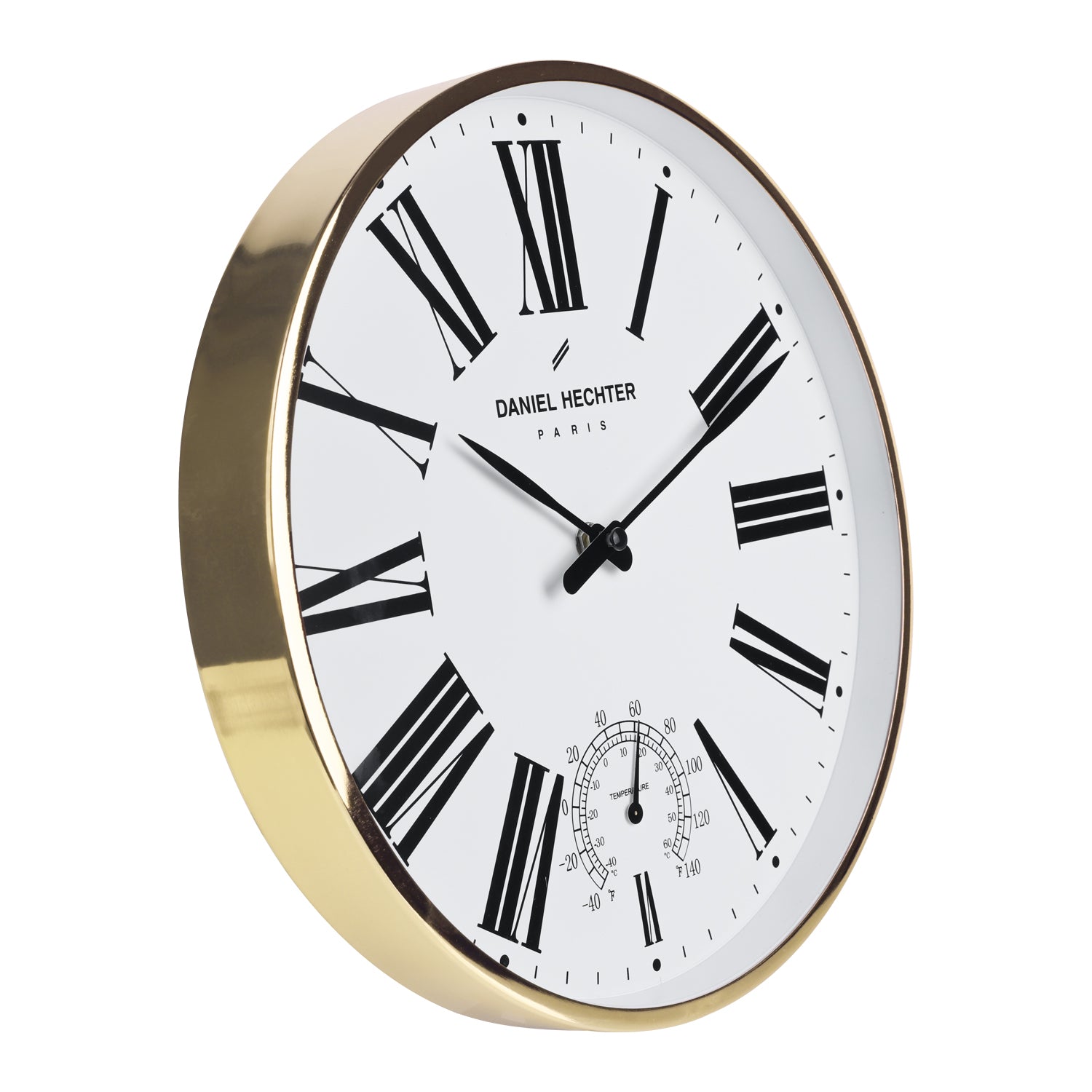 Daniel Hechter Paris Wall Clock, Silent Sweep Non-Ticking Quartz Movement, Temperature Display, White Dial, Gold Metal Frame - DHCL1003-22