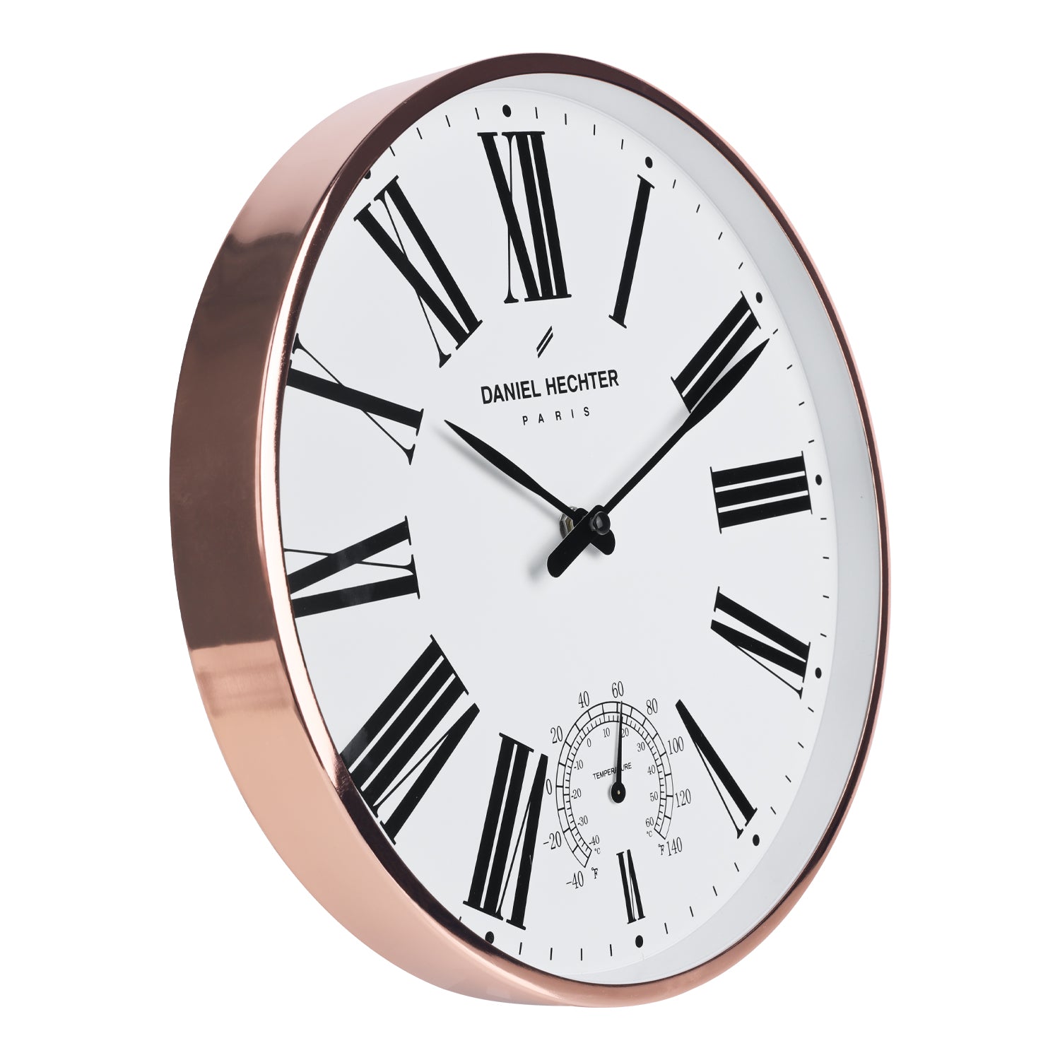 Daniel Hechter Paris Wall Clock, Silent Sweep Non-Ticking Quartz Movement, Temperature Display, White Dial, Rose Gold Metal Frame - DHCL1003-11