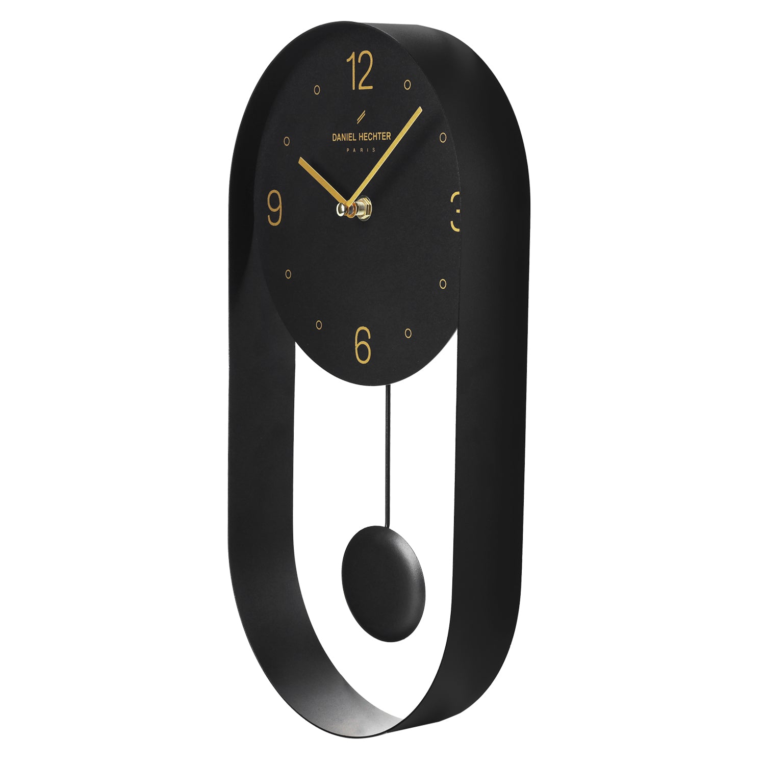 Daniel Hechter Paris Wall Clock, Silent Sweep Non-Ticking Quartz Movement, Black Dial, Oval All-Metal Frame,Metal Pendulum - DHCL1006-11