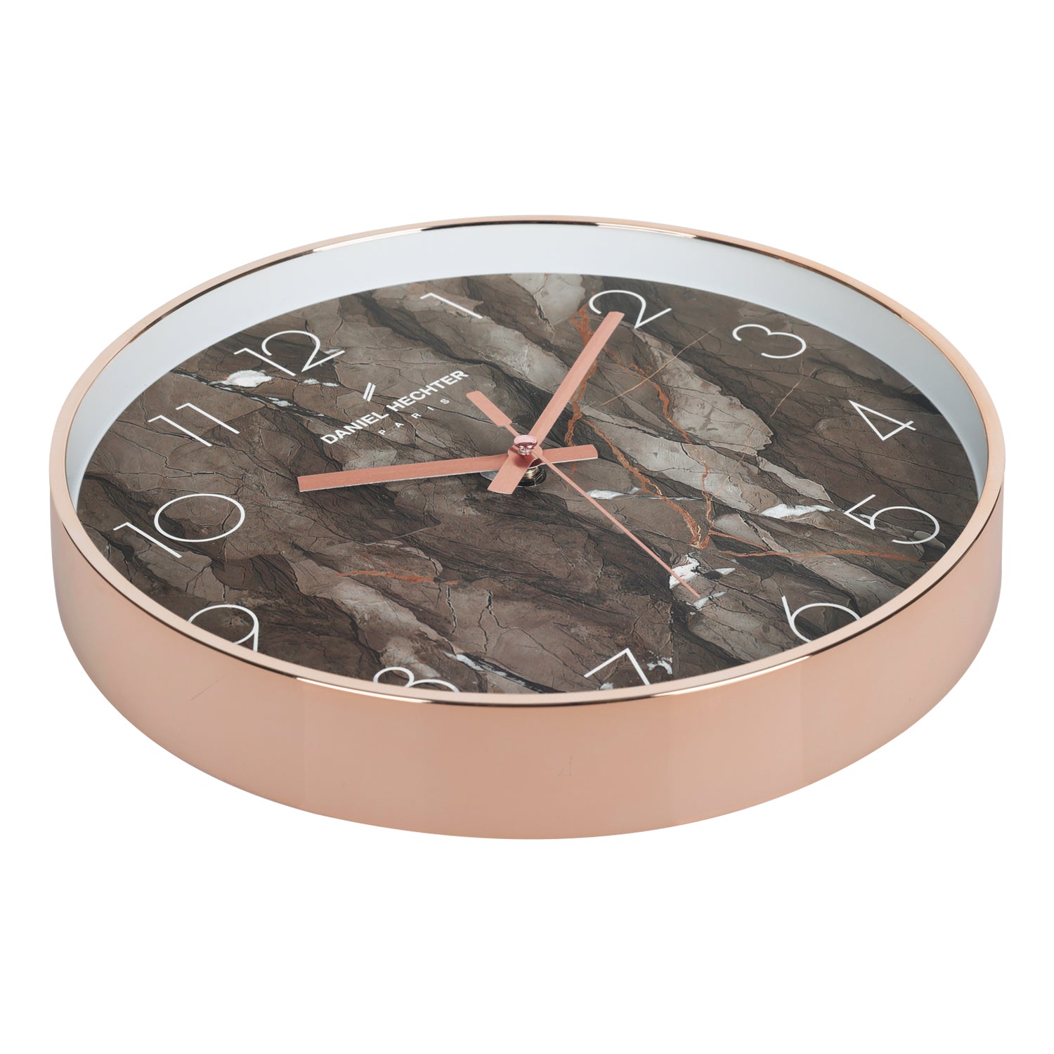 Daniel Hechter Paris Wall Clock, Silent Sweep Non-Ticking Quartz Movement,  Brown Marble Dial, Rose Gold Plastic Frame - DHCL1003-02