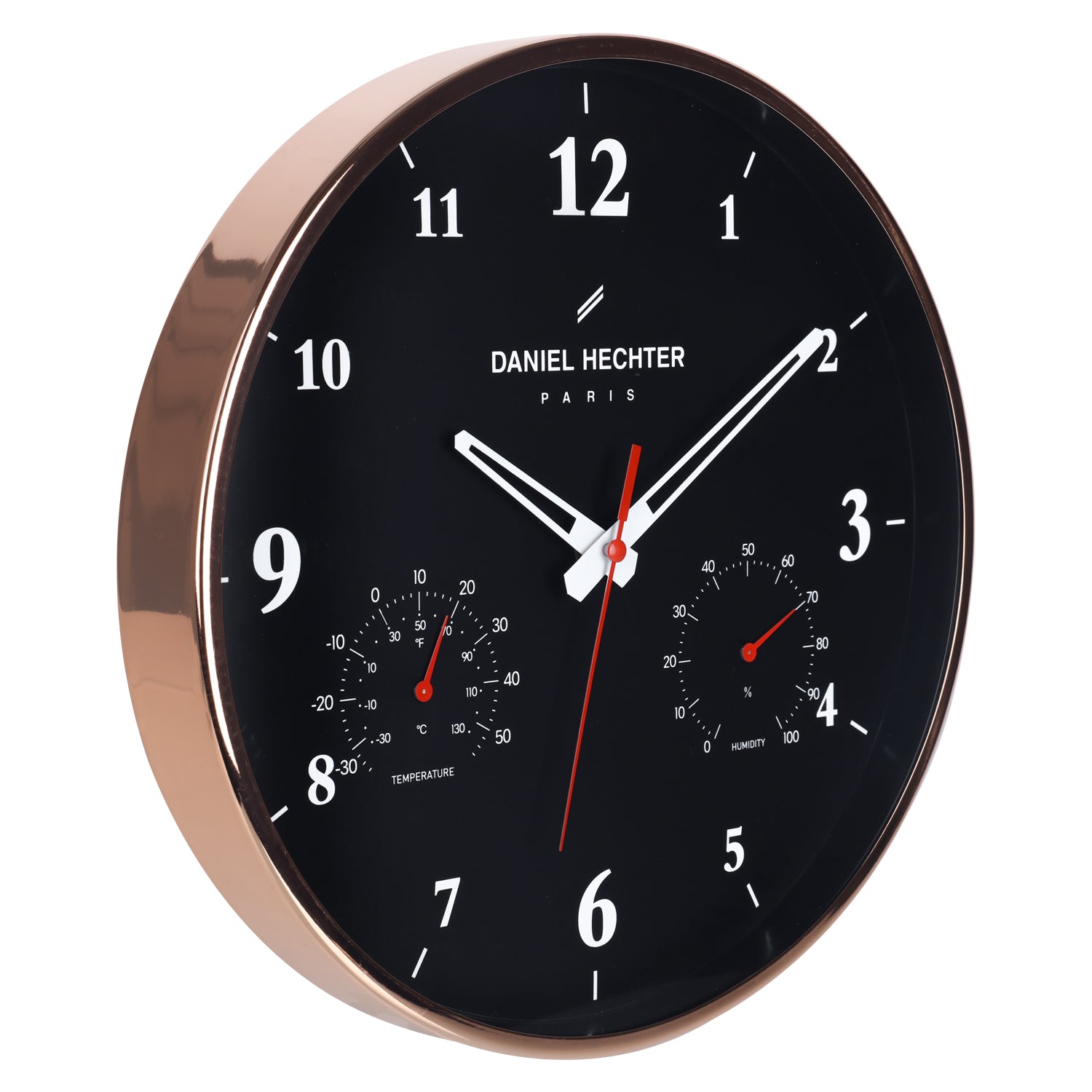 Daniel Hechter Paris Wall Clock, Silent Sweep Non-Ticking Quartz Movement, Temperature & Humidity Display, Black Dial, Metal Frame - DHCL1002-11