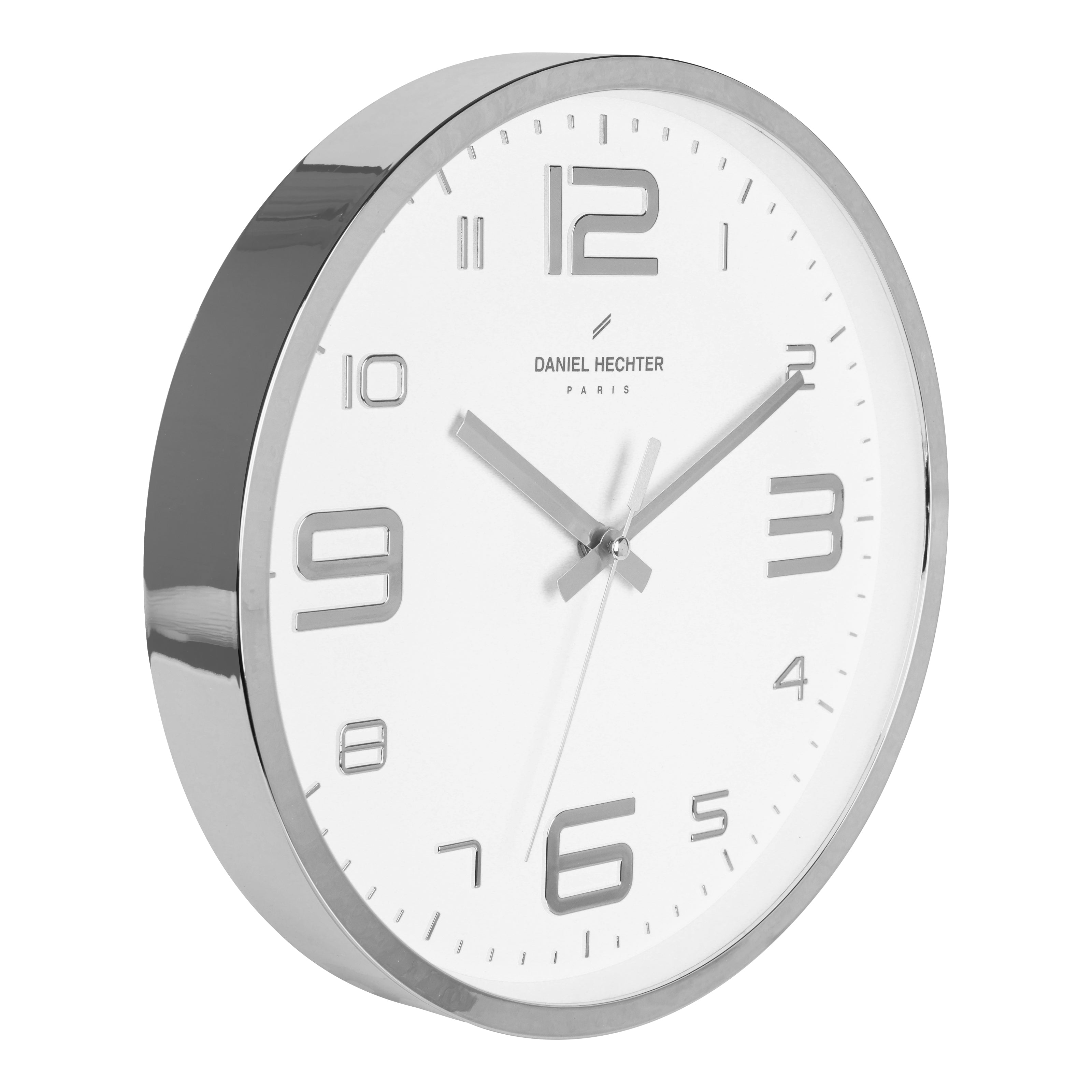 Daniel Hechter Paris Wall Clock, Silent Sweep Non-Ticking Quartz Movement, White Dial, Silver Plastic Frame, 3D Numerals - DHCL1002-03