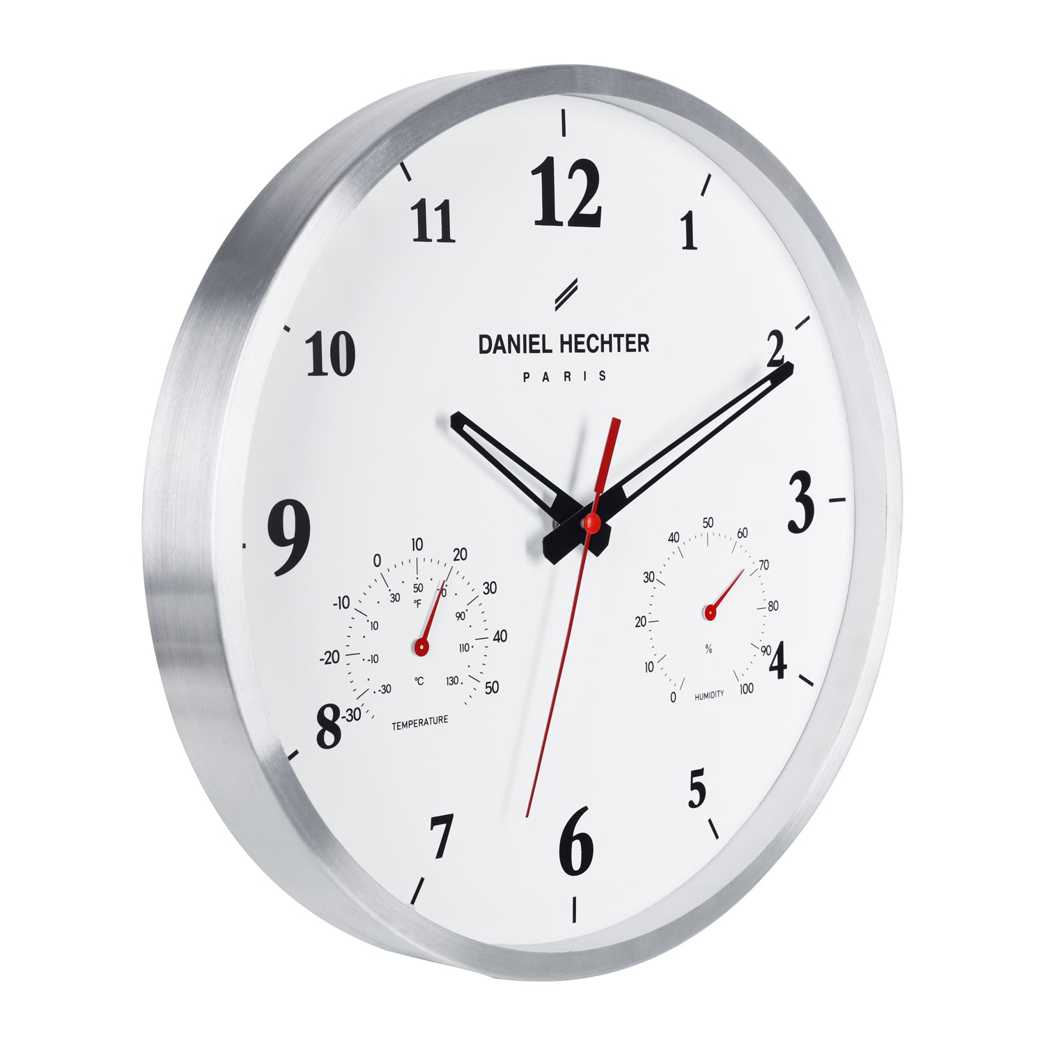 Daniel Hechter Paris Wall Clock, Silent Sweep Non-Ticking Quartz Movement, Temperature & Humidity Display, White Dial, Metal Frame - DHCL1002-33