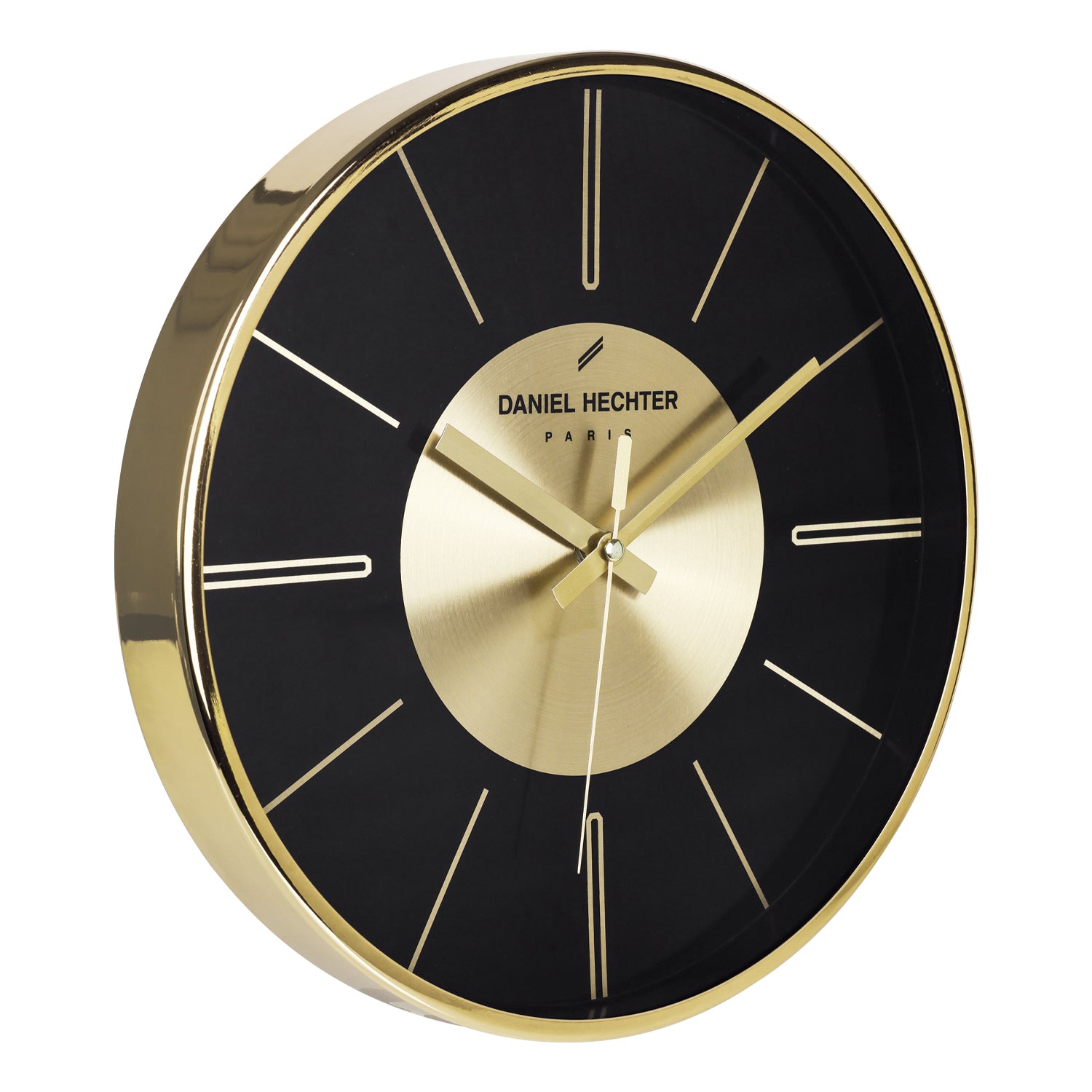 Daniel Hechter Paris Wall Clock, Silent Sweep Non-Ticking Quartz Movement, Black Dial, Gold Aluminum Face & Metal Frame - DHCL1004-22