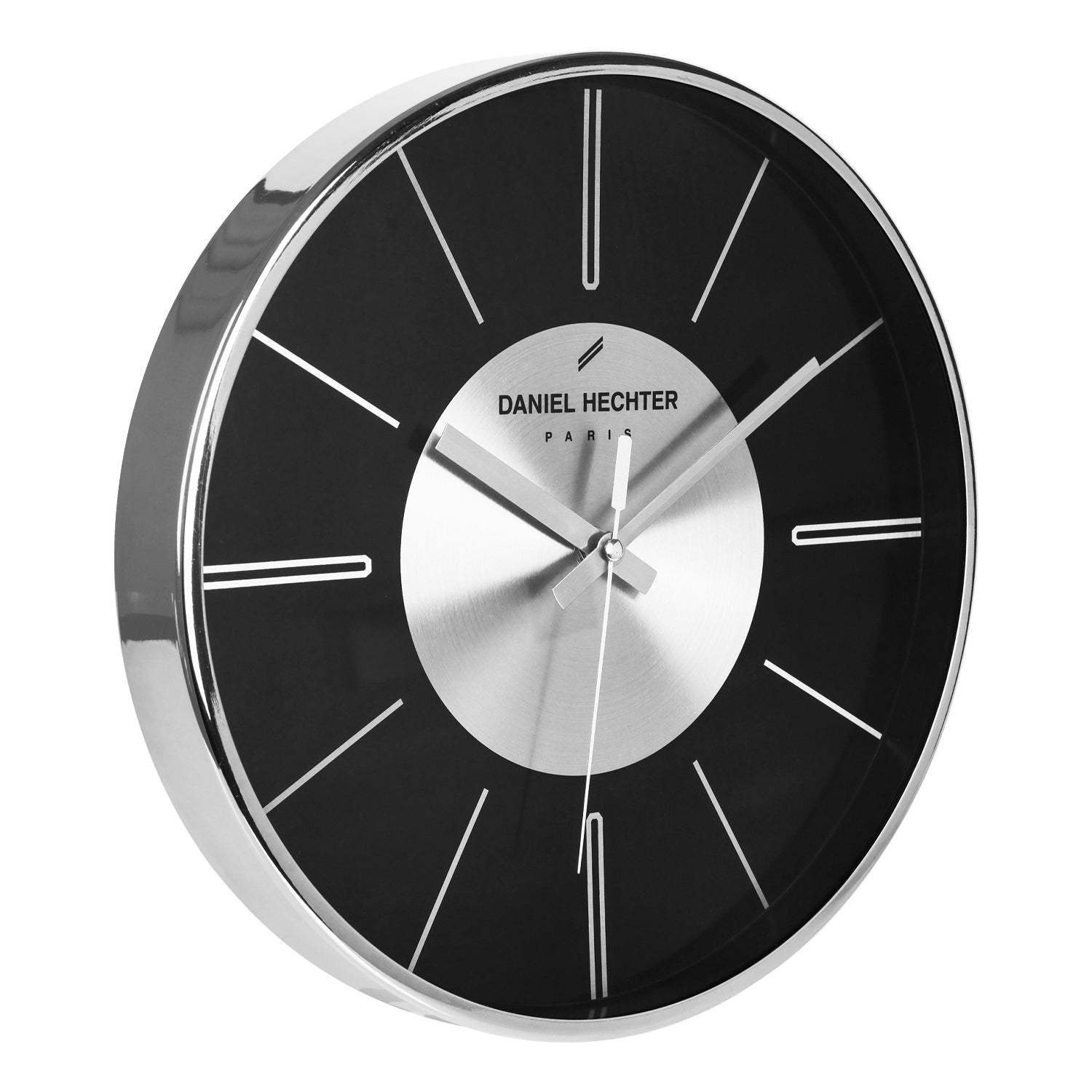Daniel Hechter Paris Wall Clock, Silent Sweep Non-Ticking Quartz Movement, Black Dial, Silver Aluminum Face & Metal Frame - DHCL1004-33