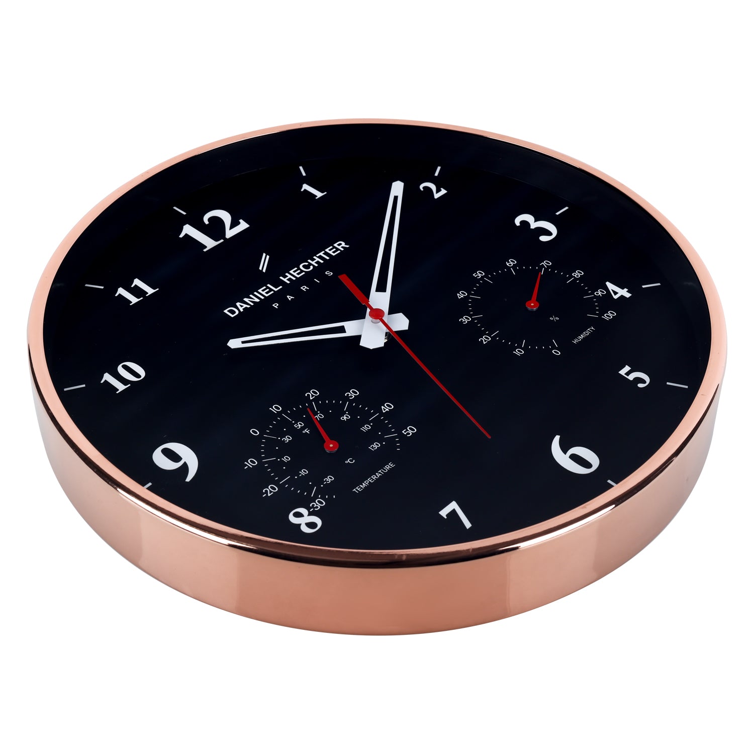 Daniel Hechter Paris Wall Clock, Silent Sweep Non-Ticking Quartz Movement, Temperature & Humidity Display, Black Dial, Metal Frame - DHCL1002-11