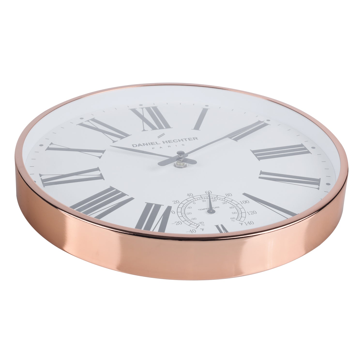 Daniel Hechter Paris Wall Clock, Silent Sweep Non-Ticking Quartz Movement, Temperature Display, White Dial, Rose Gold Metal Frame - DHCL1003-11