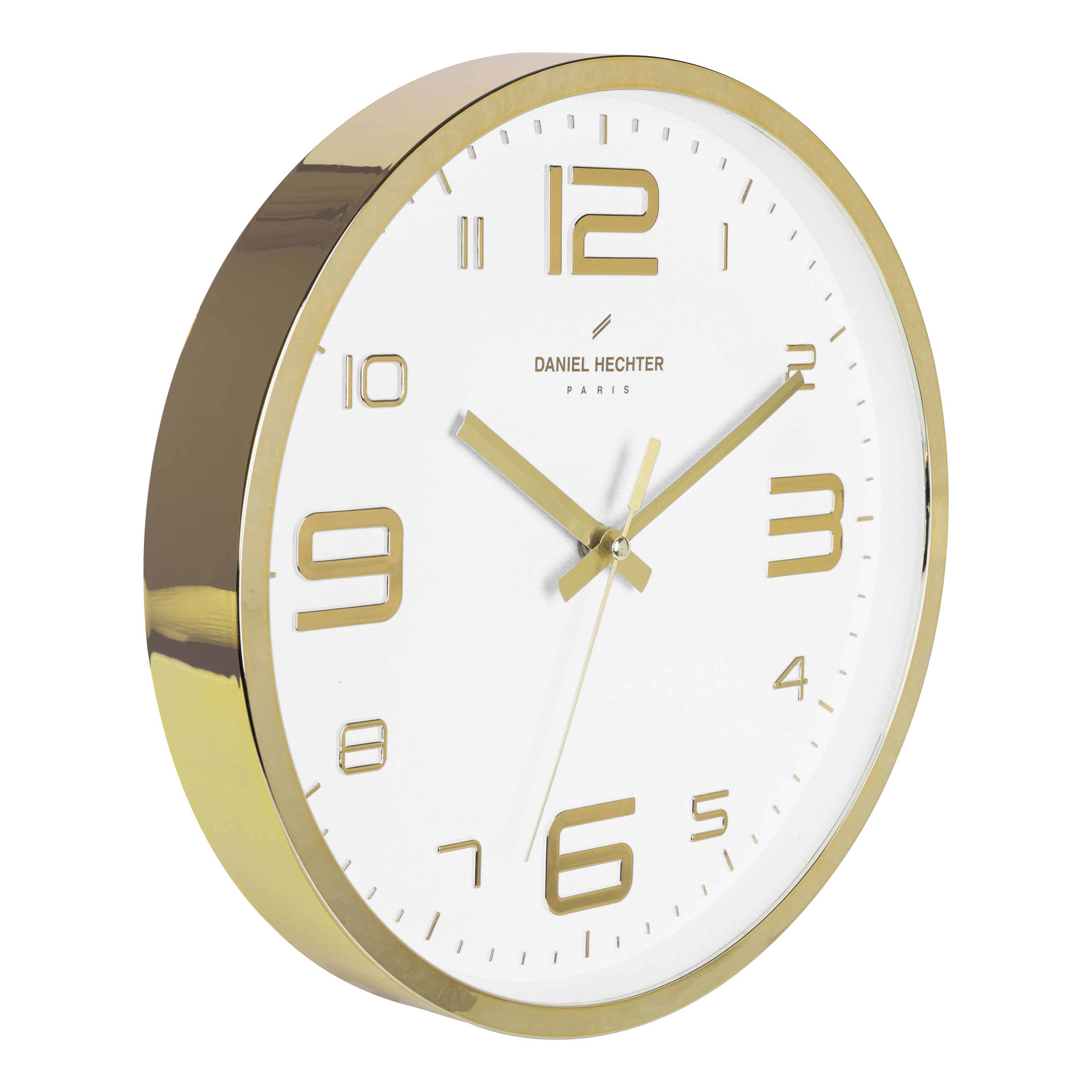 Daniel Hechter Paris Wall Clock, Silent Sweep Non-Ticking Quartz Movement, White Dial, Gold Plastic Frame, 3D Numerals - DHCL1002-02