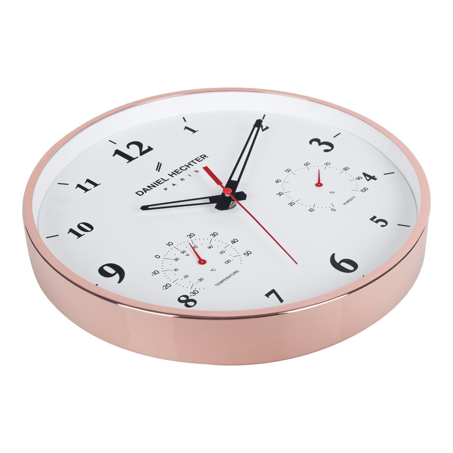 Daniel Hechter Paris Wall Clock, Silent Sweep Non-Ticking Quartz Movement, Temperature & Humidity Display, White Dial, Metal Frame - DHCL1002-22