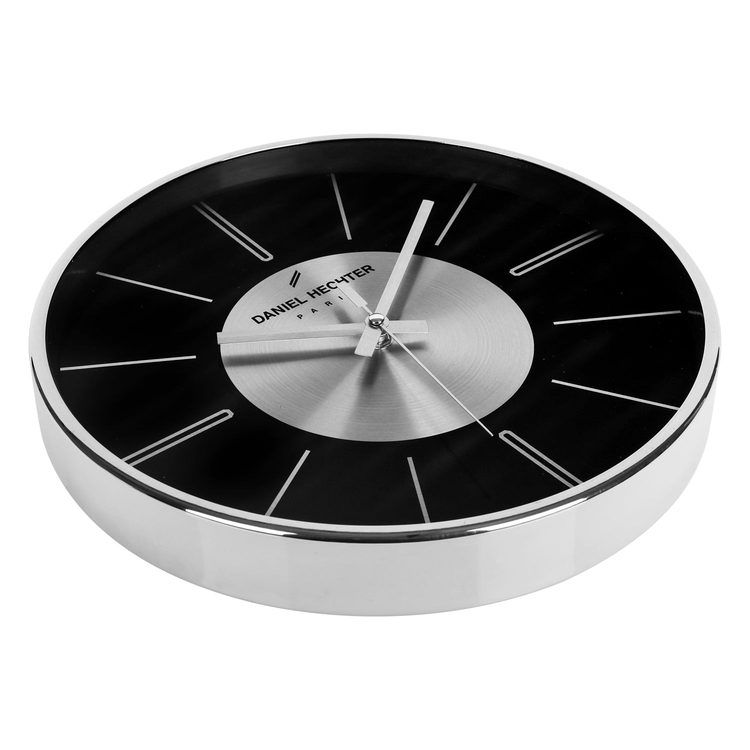 Daniel Hechter Paris Wall Clock, Silent Sweep Non-Ticking Quartz Movement, Black Dial, Silver Aluminum Face & Metal Frame - DHCL1004-33