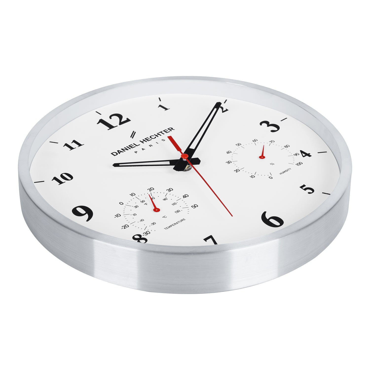 Daniel Hechter Paris Wall Clock, Silent Sweep Non-Ticking Quartz Movement, Temperature & Humidity Display, White Dial, Metal Frame - DHCL1002-33