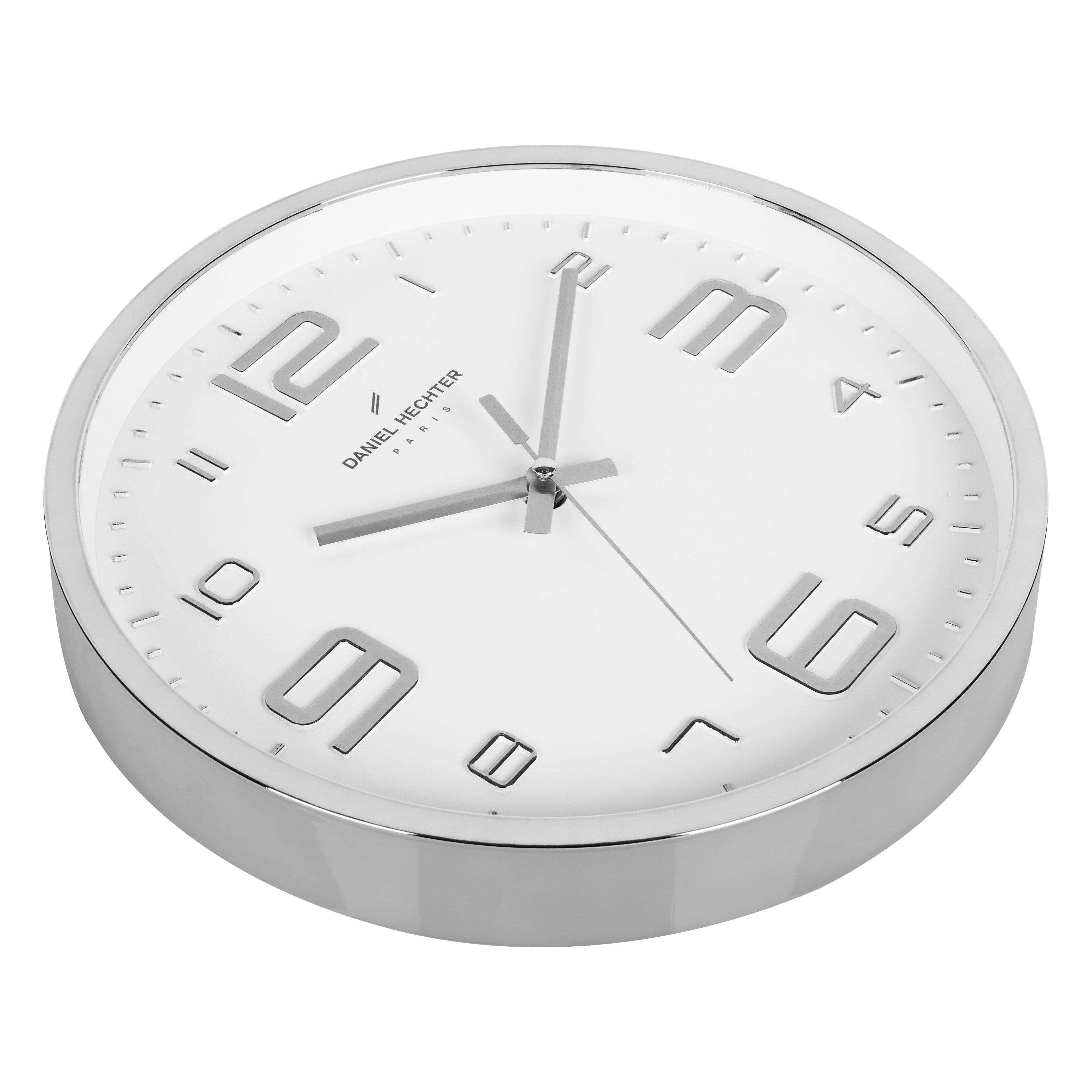 Daniel Hechter Paris Wall Clock, Silent Sweep Non-Ticking Quartz Movement, White Dial, Silver Plastic Frame, 3D Numerals - DHCL1002-03