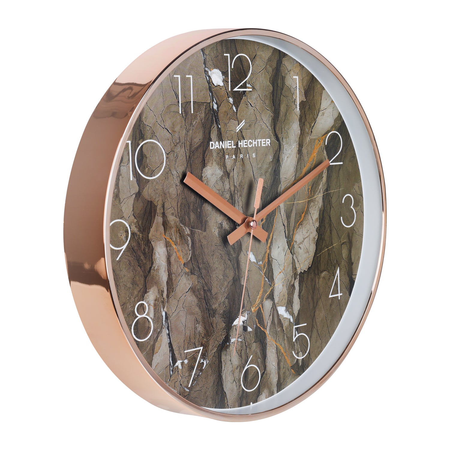 Daniel Hechter Paris Wall Clock, Silent Sweep Non-Ticking Quartz Movement,  Brown Marble Dial, Rose Gold Plastic Frame - DHCL1003-02