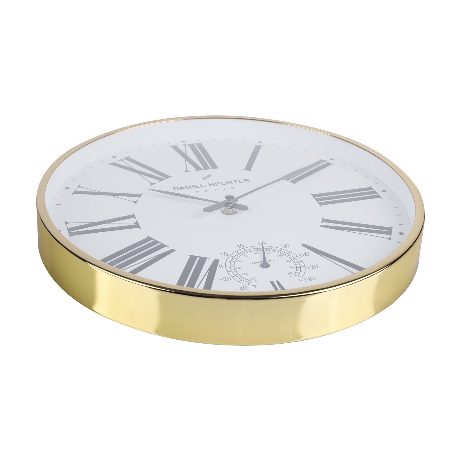 Daniel Hechter Paris Wall Clock, Silent Sweep Non-Ticking Quartz Movement, Temperature Display, White Dial, Gold Metal Frame - DHCL1003-22