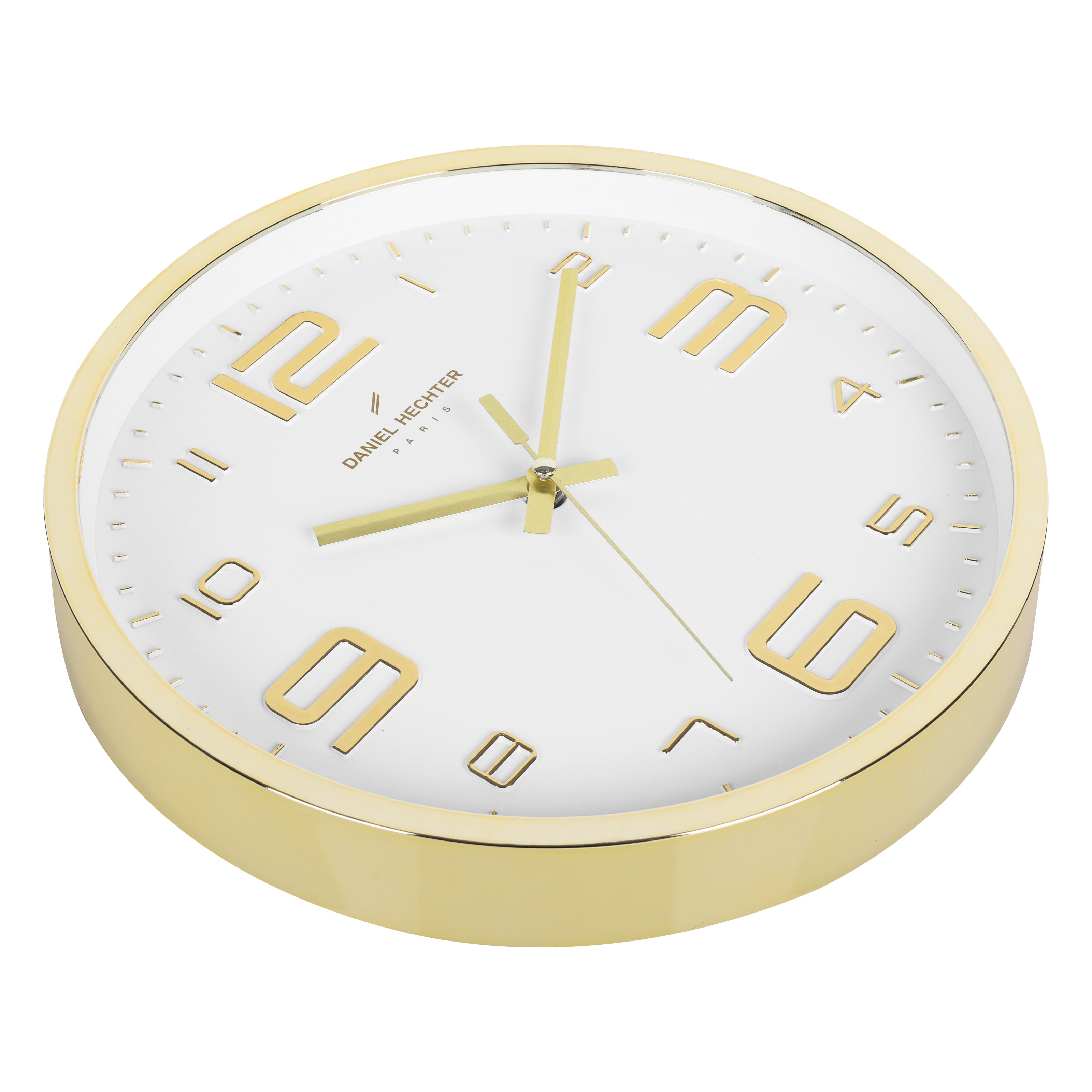 Daniel Hechter Paris Wall Clock, Silent Sweep Non-Ticking Quartz Movement, White Dial, Gold Plastic Frame, 3D Numerals - DHCL1002-02