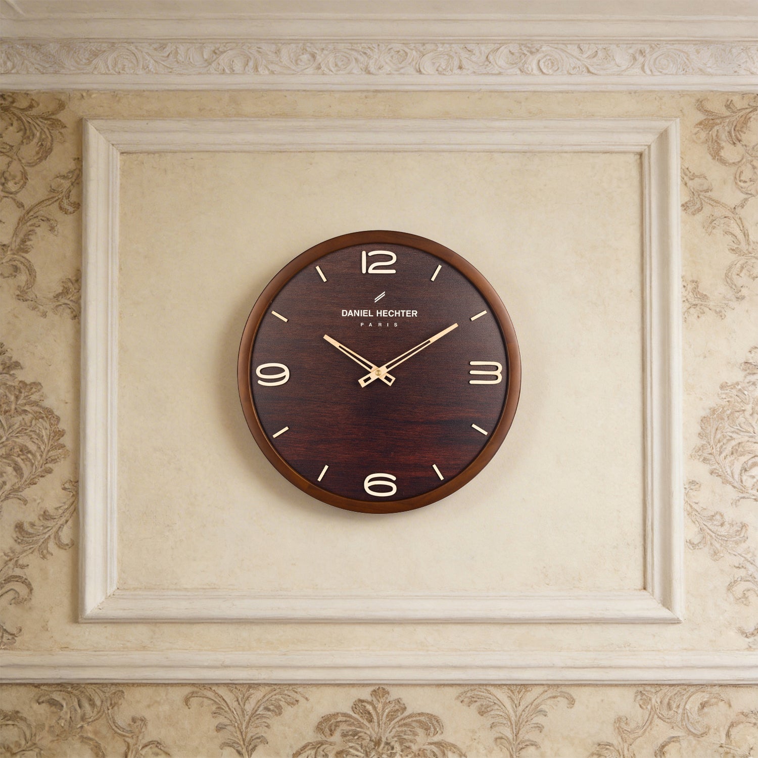 Daniel Hechter Paris Wall Clock, Silent Sweep Non-Ticking Quartz Movement,Wood-Grain Dial, Brown Wooden Frame - DHCL1005-22