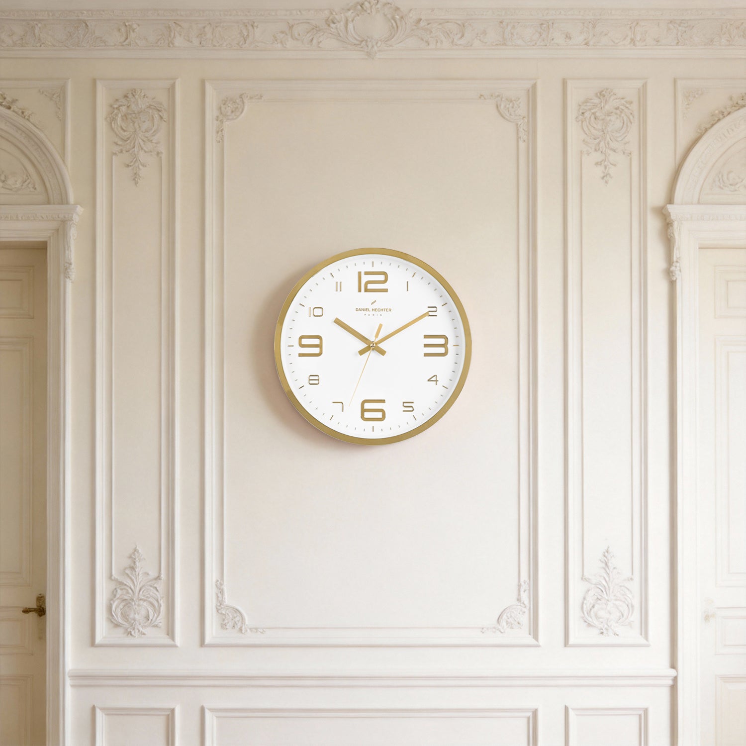 Daniel Hechter Paris Wall Clock, Silent Sweep Non-Ticking Quartz Movement, White Dial, Gold Plastic Frame, 3D Numerals - DHCL1002-02