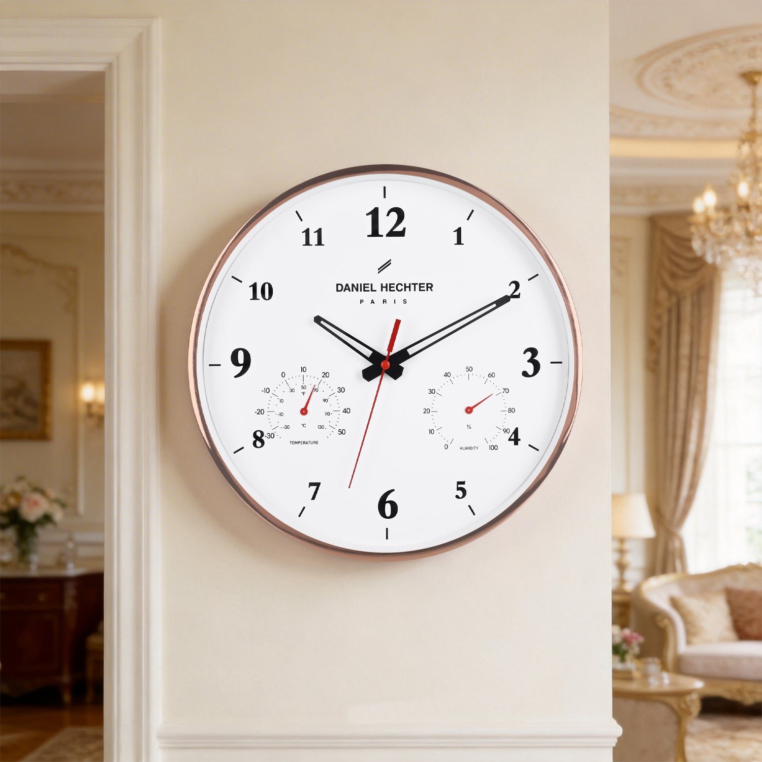 Daniel Hechter Paris Wall Clock, Silent Sweep Non-Ticking Quartz Movement, Temperature & Humidity Display, White Dial, Metal Frame - DHCL1002-22