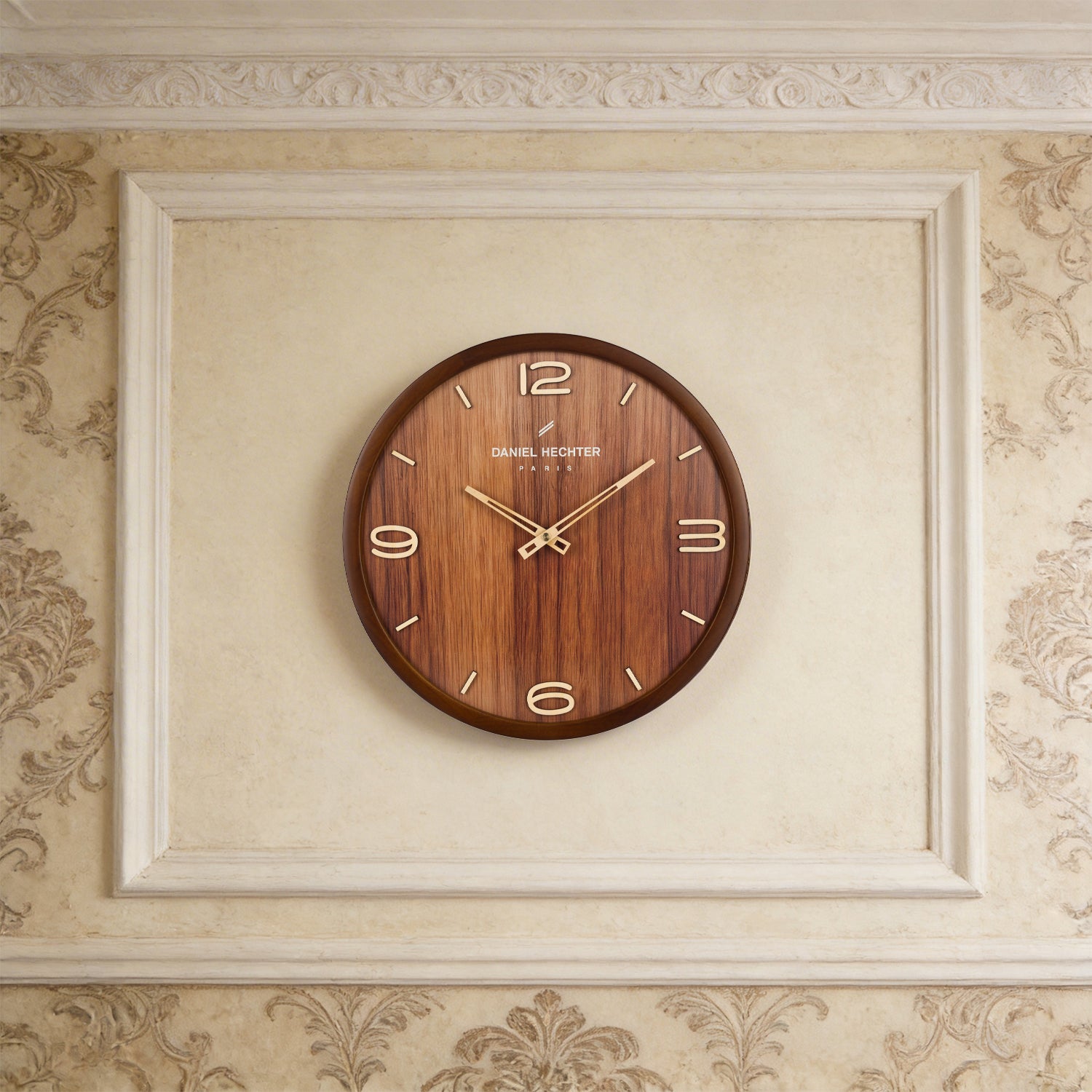 Daniel Hechter Paris Wall Clock, Silent Sweep Non-Ticking Quartz Movement,Wood-Grain Dial, Brown Wooden Frame - DHCL1005-11