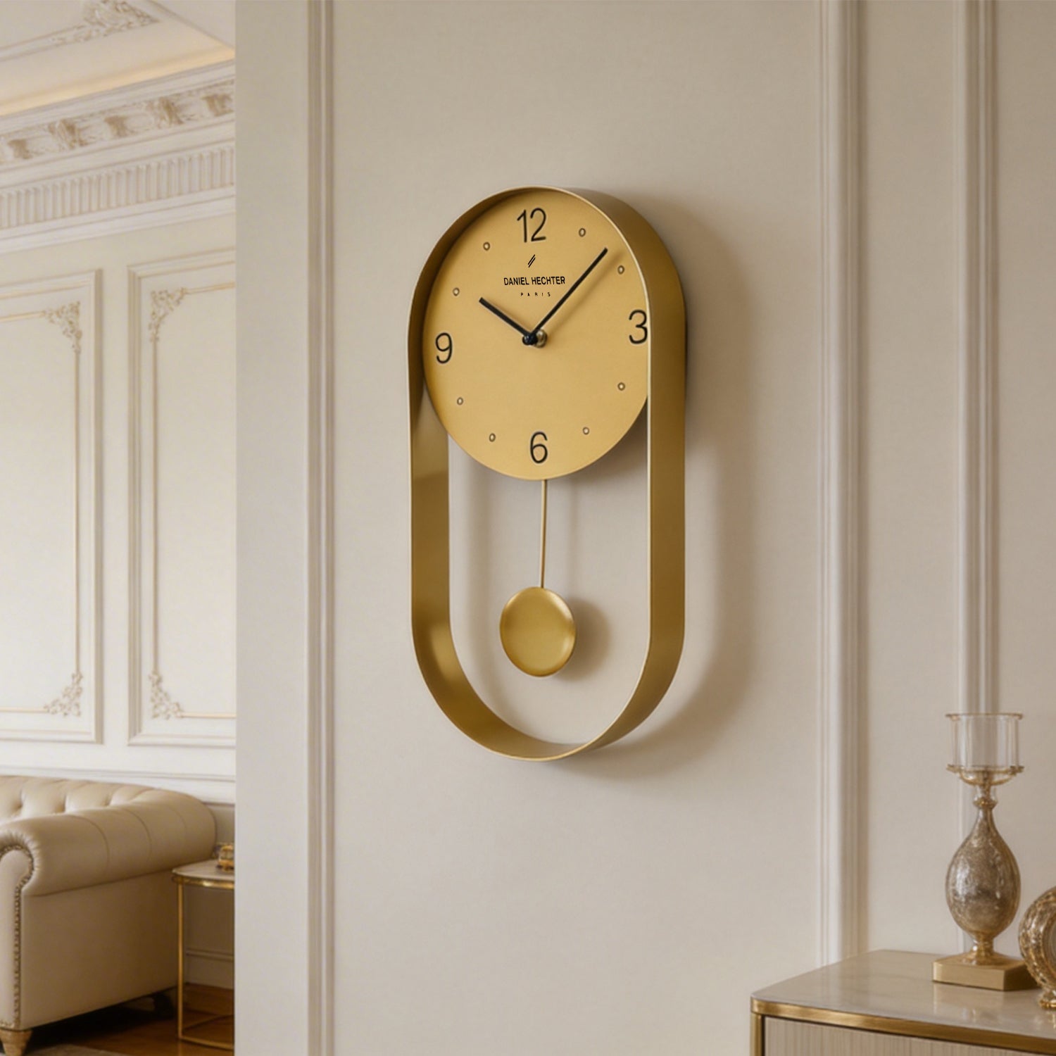 Daniel Hechter Paris Wall Clock, Silent Sweep Non-Ticking Quartz Movement, Oval All-Metal Frame,Metal Pendulum - DHCL1006-22