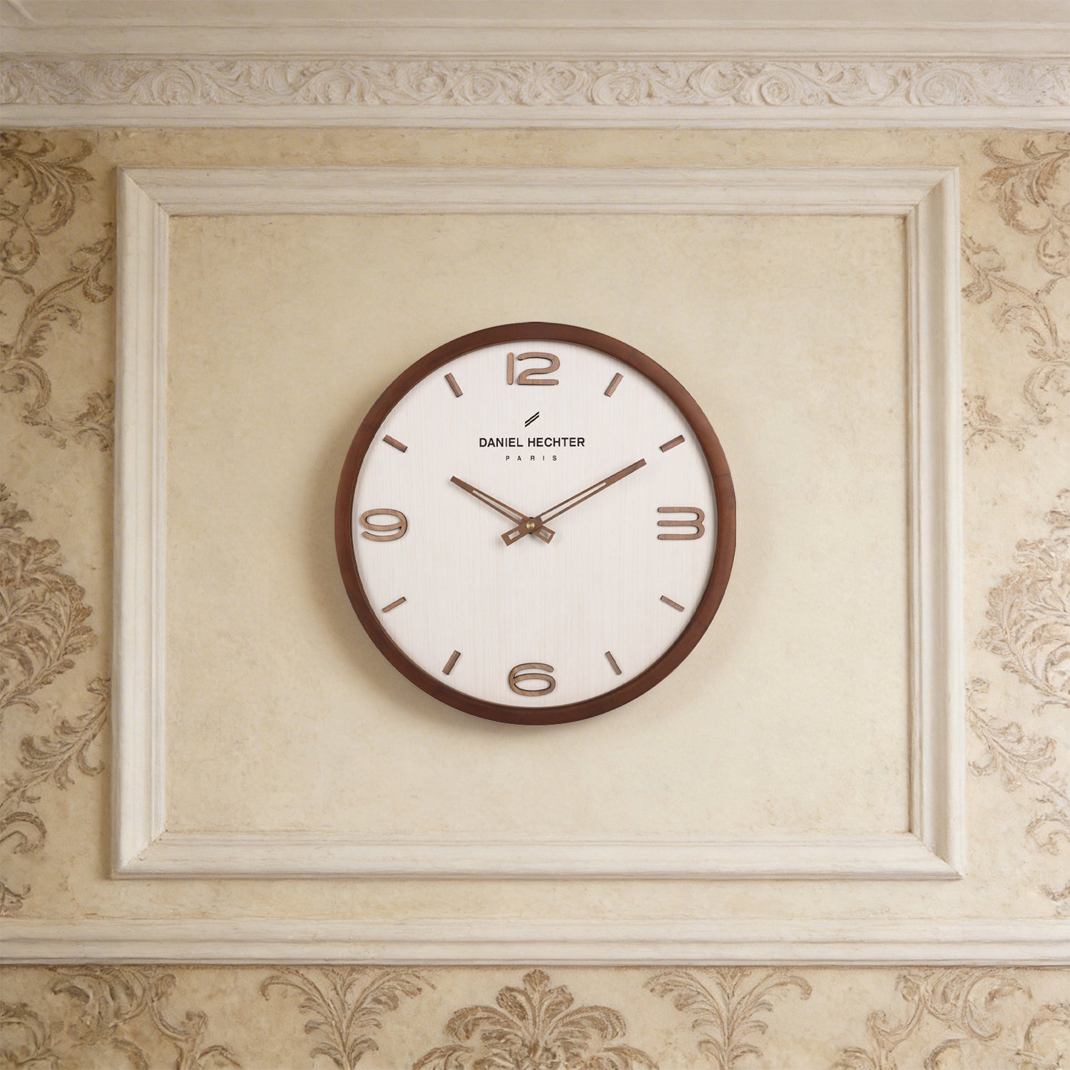 Daniel Hechter Paris Wall Clock, Silent Sweep Non-Ticking Quartz Movement, Wood-Grain Dial, Brown Wooden Frame - DHCL1005-33