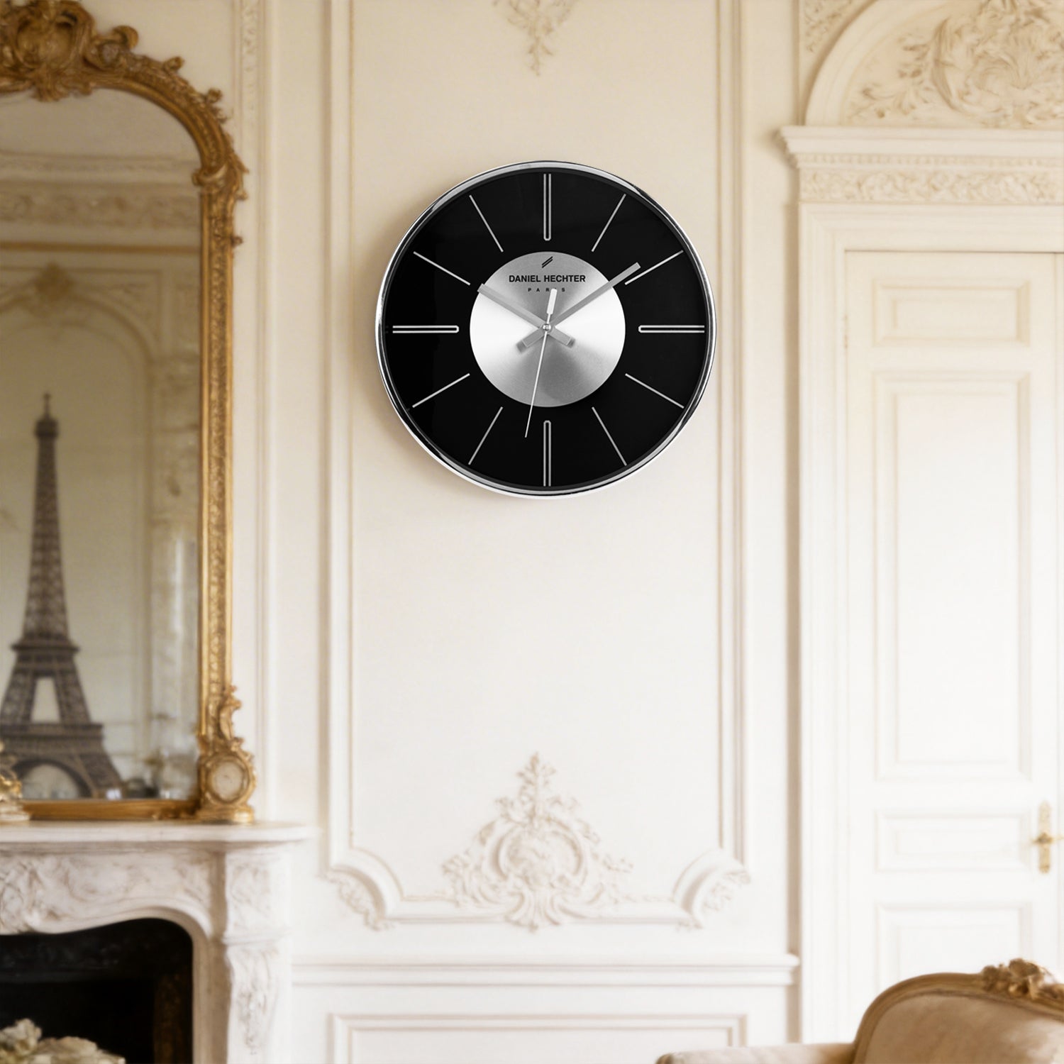 Daniel Hechter Paris Wall Clock, Silent Sweep Non-Ticking Quartz Movement, Black Dial, Silver Aluminum Face & Metal Frame - DHCL1004-33
