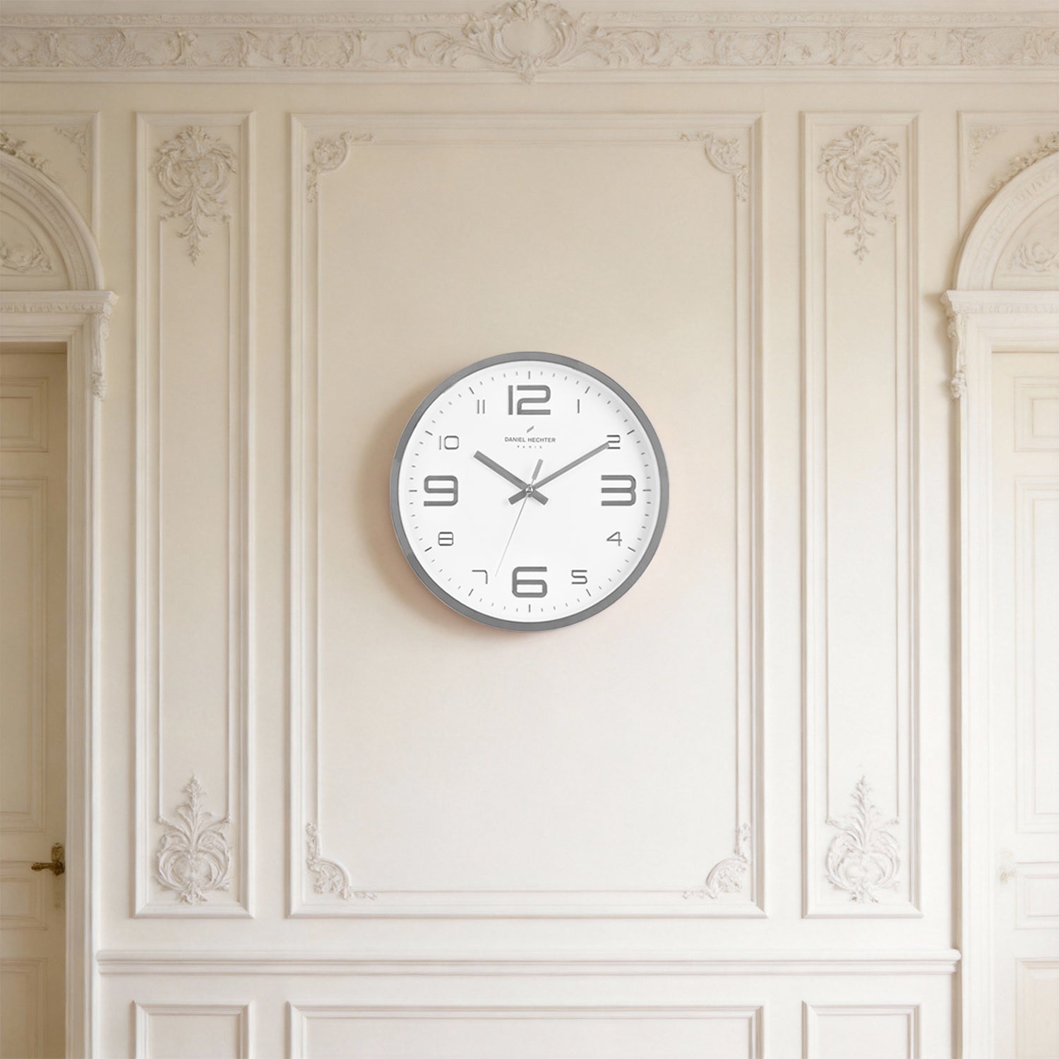 Daniel Hechter Paris Wall Clock, Silent Sweep Non-Ticking Quartz Movement, White Dial, Silver Plastic Frame, 3D Numerals - DHCL1002-03