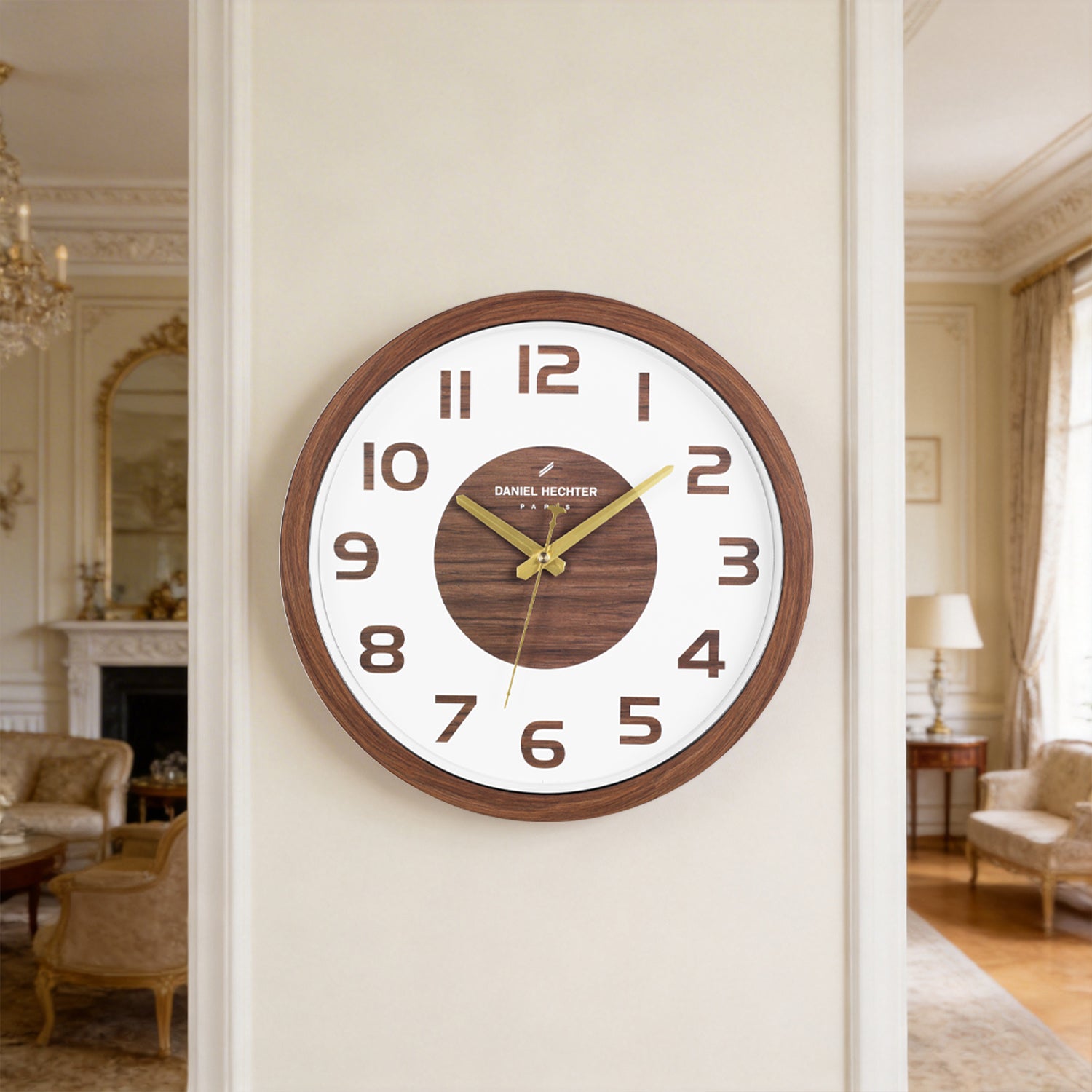 Daniel Hechter Paris Wall Clock, Silent Sweep Non-Ticking Quartz Movement, White Dial, Brown Wood-Grain Plastic Frame - DHCL1004-01
