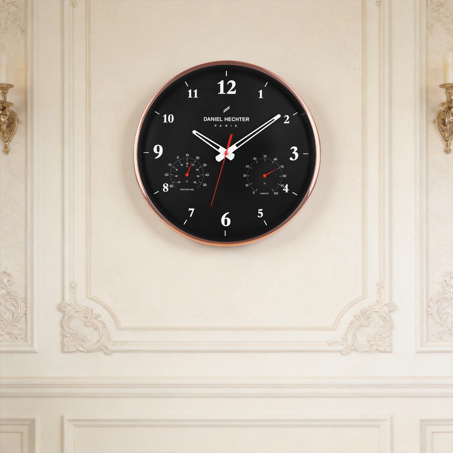 Daniel Hechter Paris Wall Clock, Silent Sweep Non-Ticking Quartz Movement, Temperature & Humidity Display, Black Dial, Metal Frame - DHCL1002-11