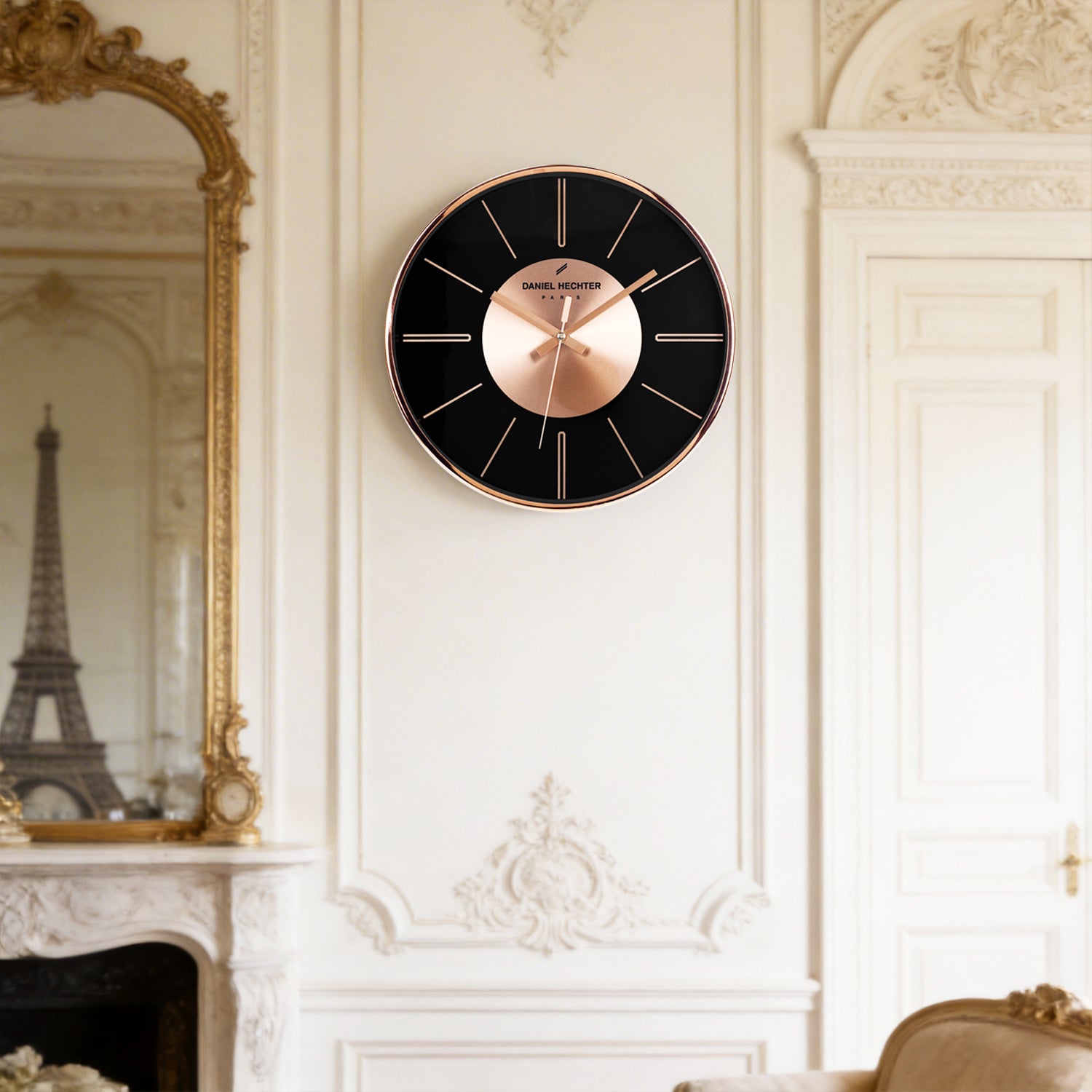 Daniel Hechter Paris Wall Clock, Silent Sweep Non-Ticking Quartz Movement,Black Dial, Rose Gold Aluminum Face & Metal Frame - DHCL1004-11