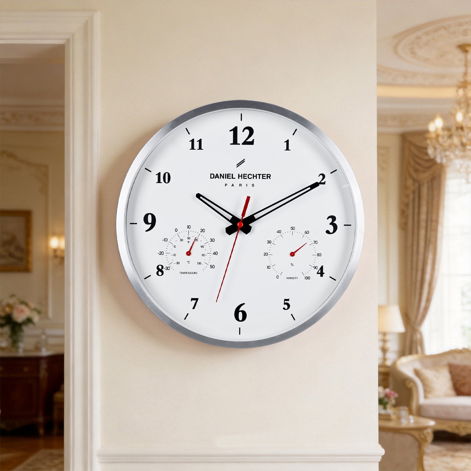 Daniel Hechter Paris Wall Clock, Silent Sweep Non-Ticking Quartz Movement, Temperature & Humidity Display, White Dial, Metal Frame - DHCL1002-33