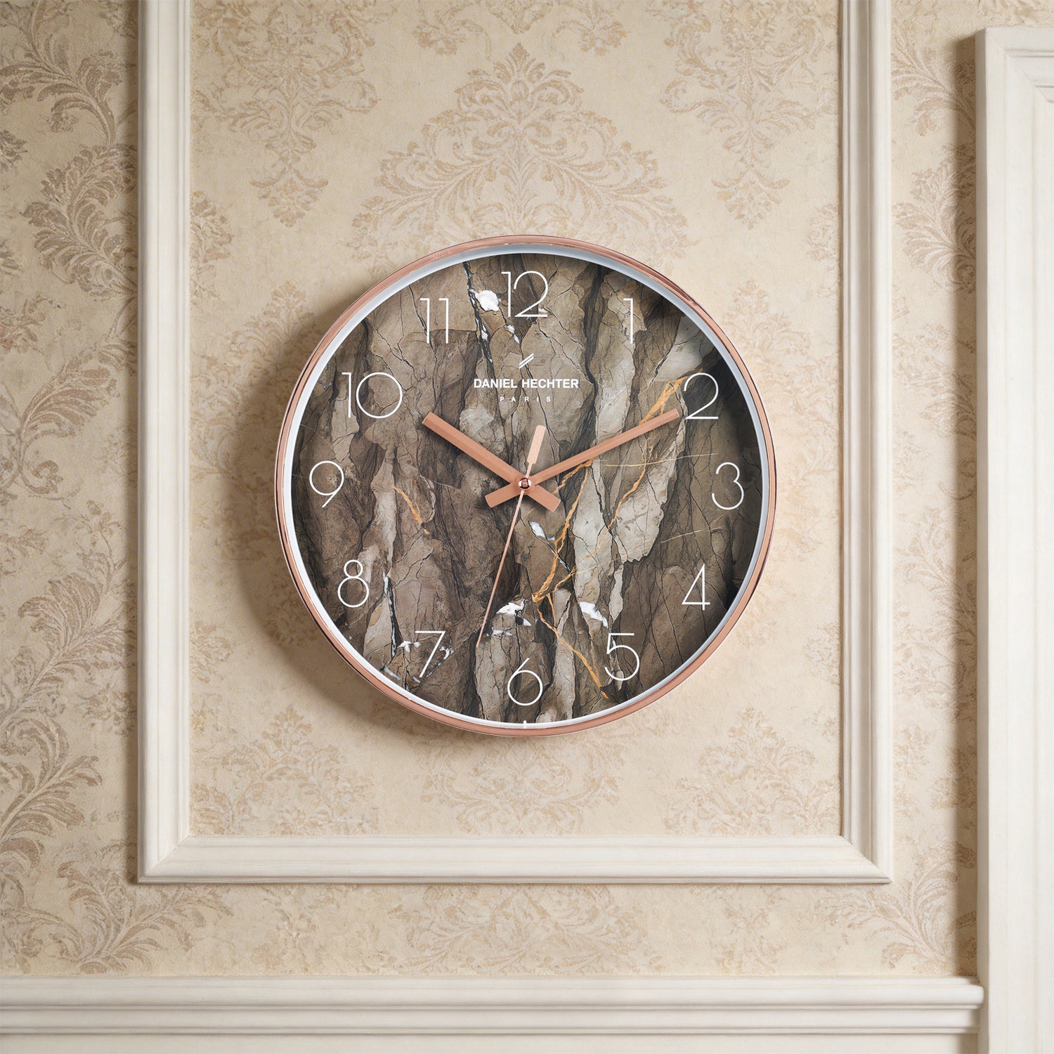Daniel Hechter Paris Wall Clock, Silent Sweep Non-Ticking Quartz Movement,  Brown Marble Dial, Rose Gold Plastic Frame - DHCL1003-02