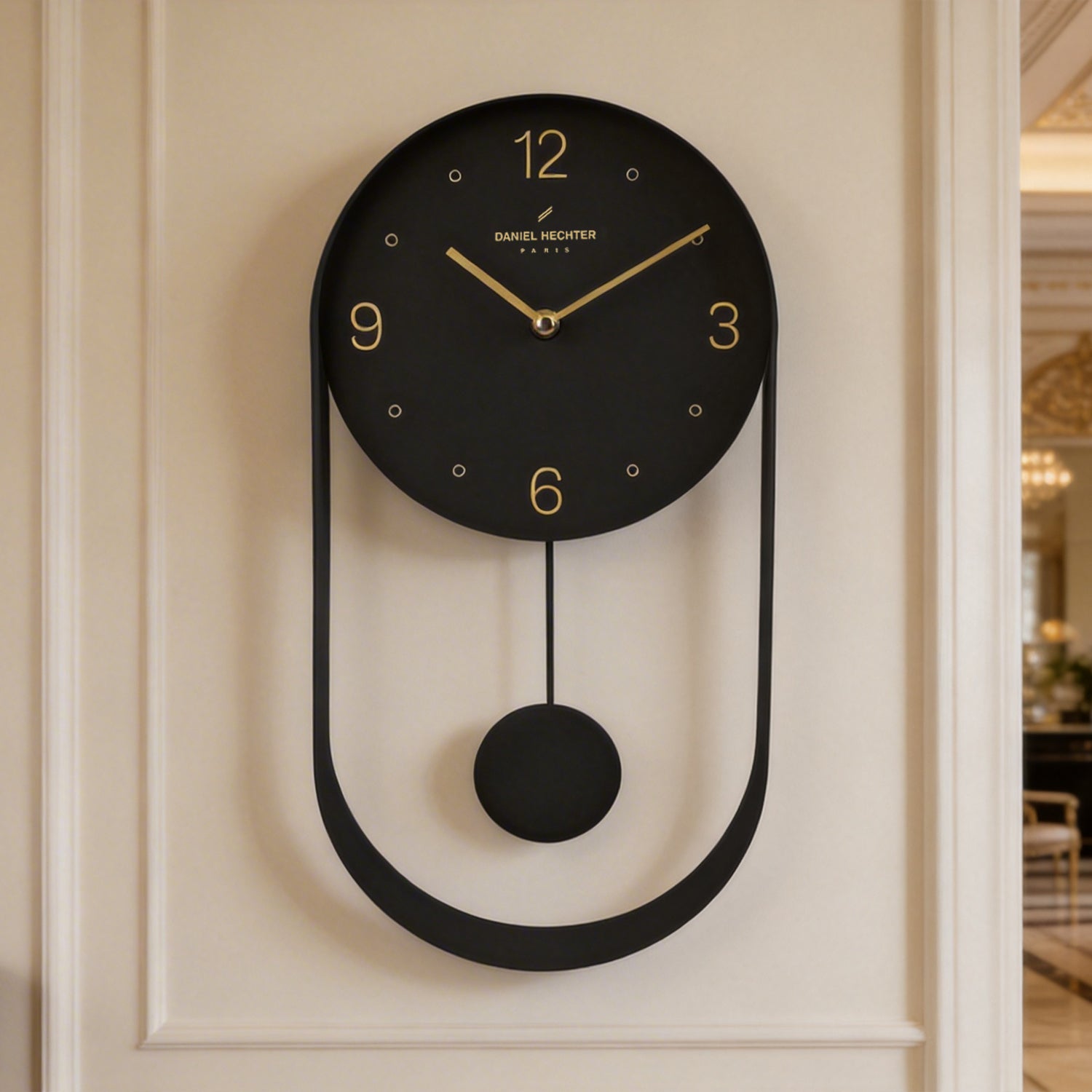 Daniel Hechter Paris Wall Clock, Silent Sweep Non-Ticking Quartz Movement, Black Dial, Oval All-Metal Frame,Metal Pendulum - DHCL1006-11